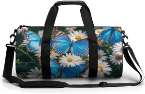 Gym Bags Small Blue Butterflies White Flowers Duffel Bag Overnight Bag with Shoe Compartment Carryon Bag for Men Women