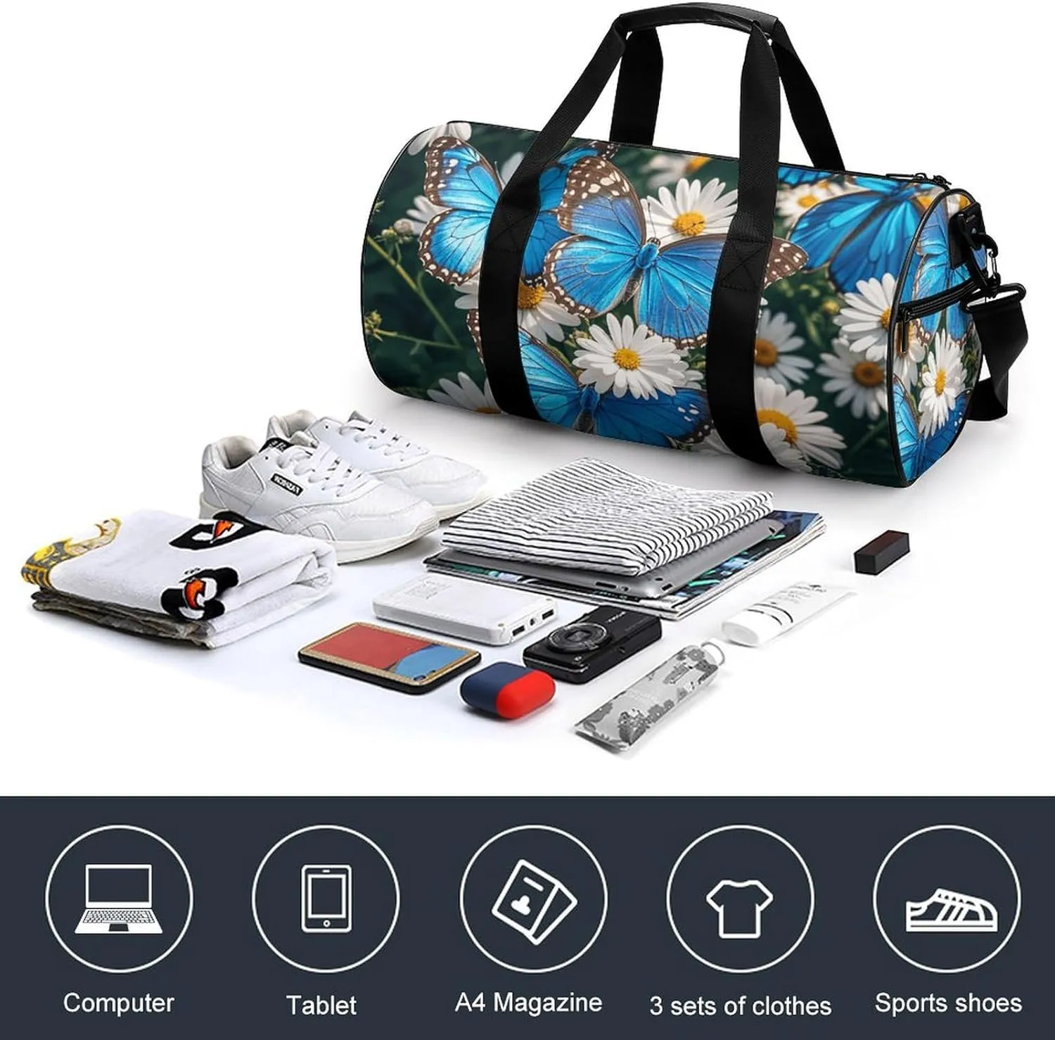 Gym Bags Small Blue Butterflies White Flowers Duffel Bag Overnight Bag with Shoe Compartment Carryon Bag for Men Women