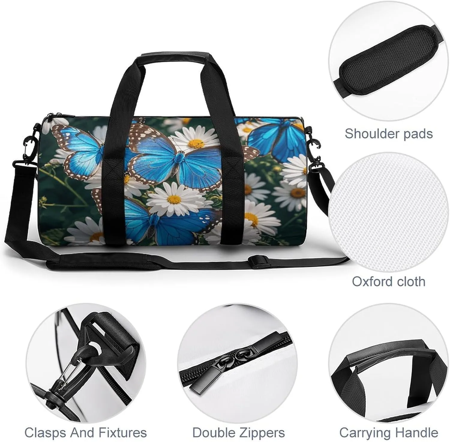 Gym Bags Small Blue Butterflies White Flowers Duffel Bag Overnight Bag with Shoe Compartment Carryon Bag for Men Women