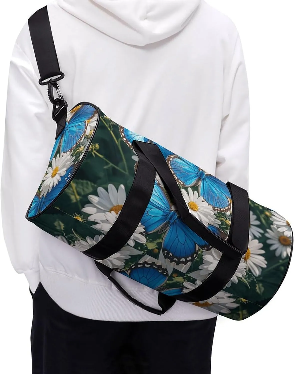 Gym Bags Small Blue Butterflies White Flowers Duffel Bag Overnight Bag with Shoe Compartment Carryon Bag for Men Women