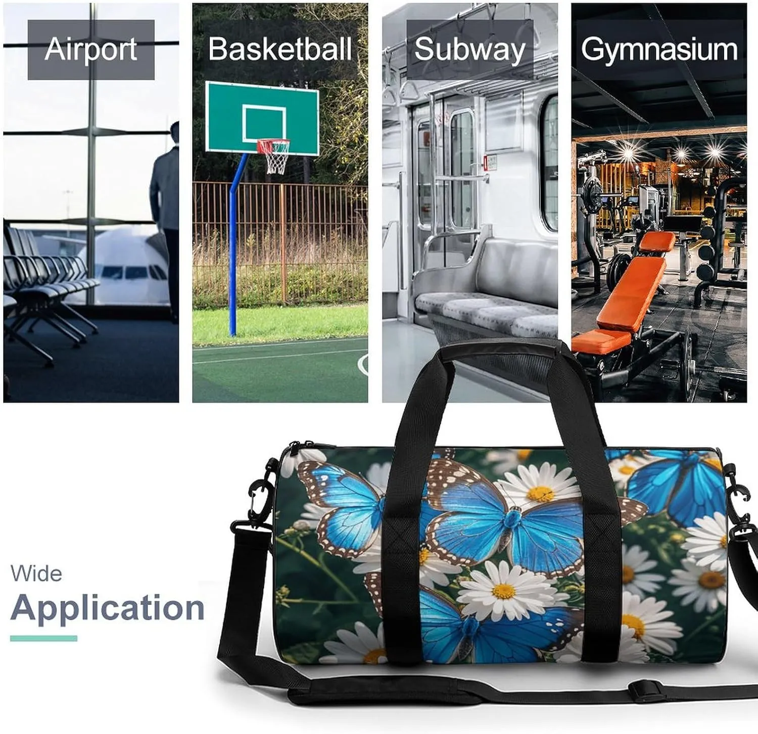 Gym Bags Small Blue Butterflies White Flowers Duffel Bag Overnight Bag with Shoe Compartment Carryon Bag for Men Women