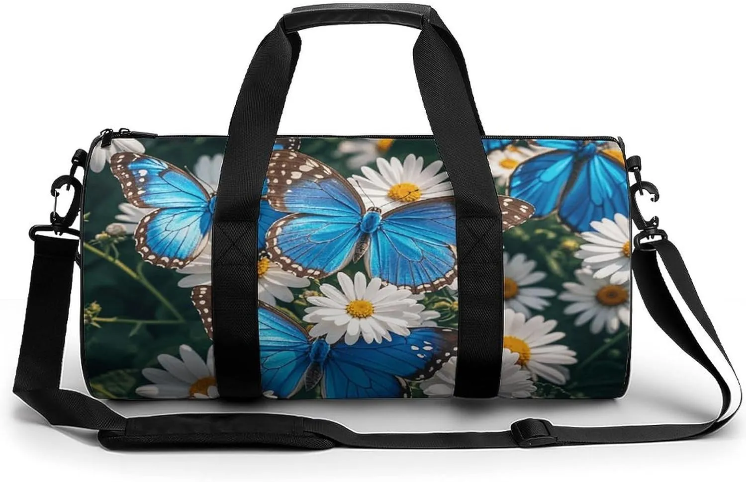 Gym Bags Small Blue Butterflies White Flowers Duffel Bag Overnight Bag with Shoe Compartment Carryon Bag for Men Women