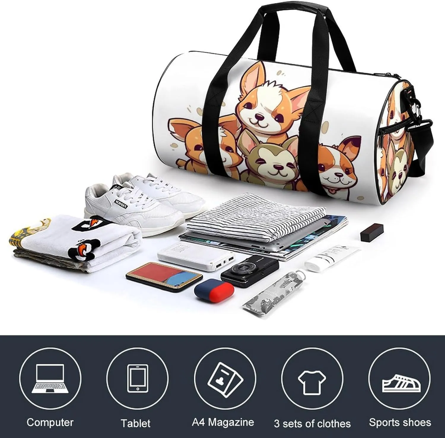 Gym Bags Small Cute Corgi Puppy Duffel Bag Overnight Bag with Shoe Compartment Carryon Bag for Men Women
