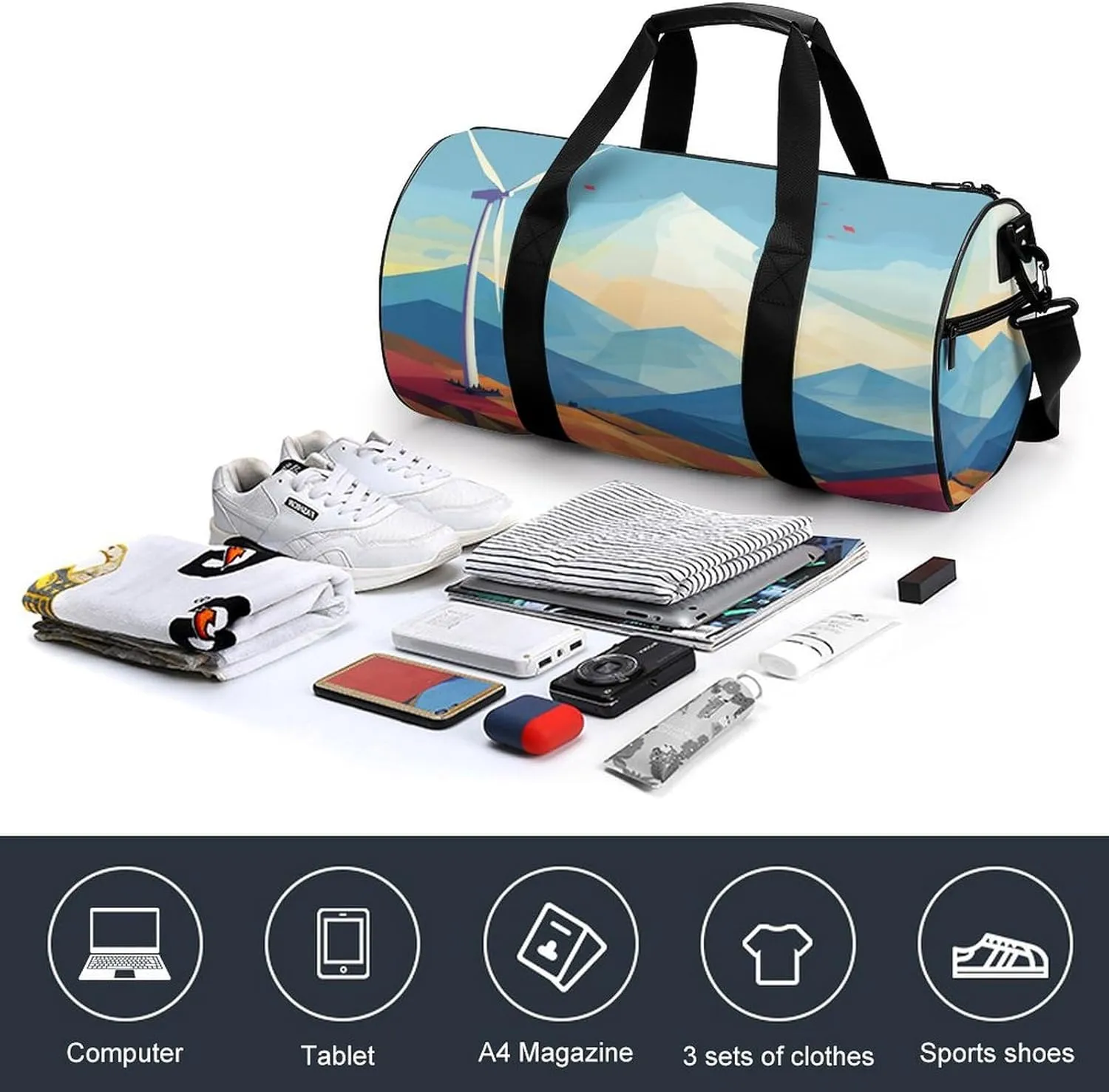 Gym Bags Small Windmill Flat Illustration Duffel Bag Overnight Bag with Shoe Compartment Carryon Bag for Men Women