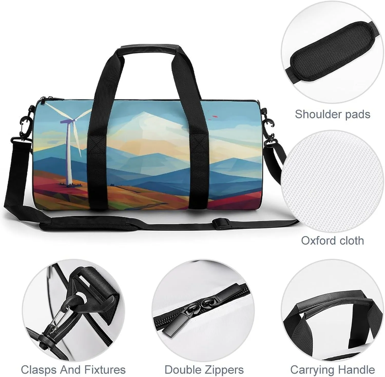 Gym Bags Small Windmill Flat Illustration Duffel Bag Overnight Bag with Shoe Compartment Carryon Bag for Men Women