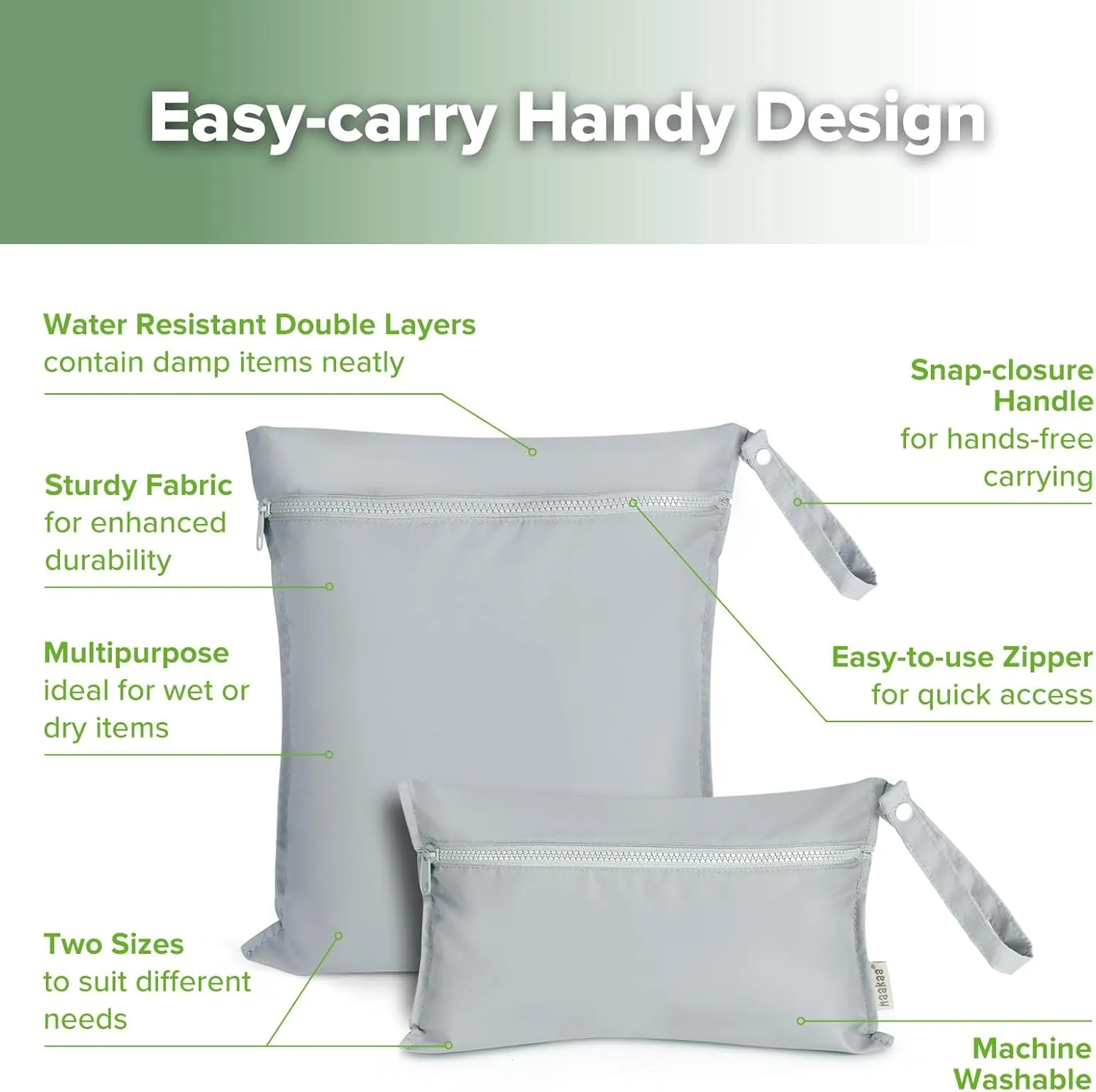 haakaa Waterproof Wet Bags for Baby Wet Dry Bags for Cloth Diaper, Swimsuit & Travel, 2pcs, Grey