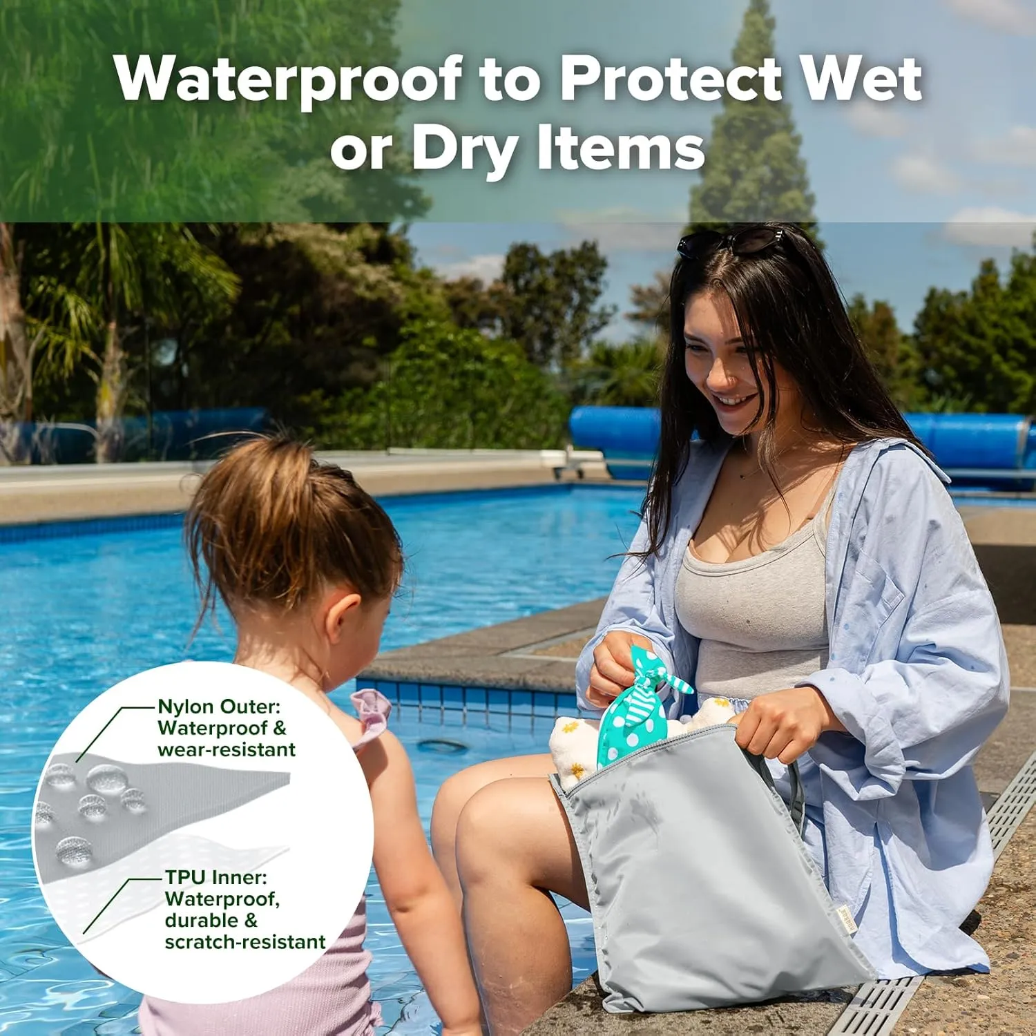 haakaa Waterproof Wet Bags for Baby Wet Dry Bags for Cloth Diaper, Swimsuit & Travel, 2pcs, Grey