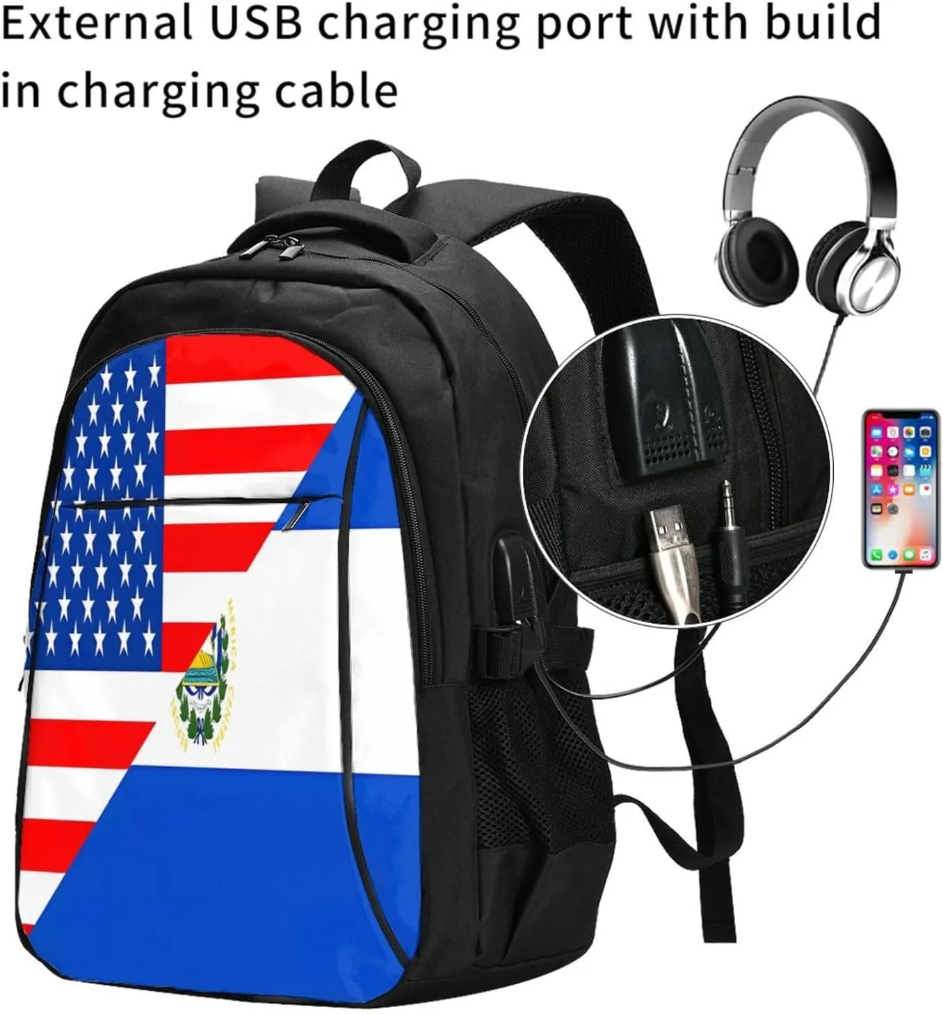Half American El Salvador Flag Business Laptop Backpack Travel Backpacks Outdoor Rucksack Large Bag Daypack with USB Charging Port Multi-Pocket for Hiking Camping