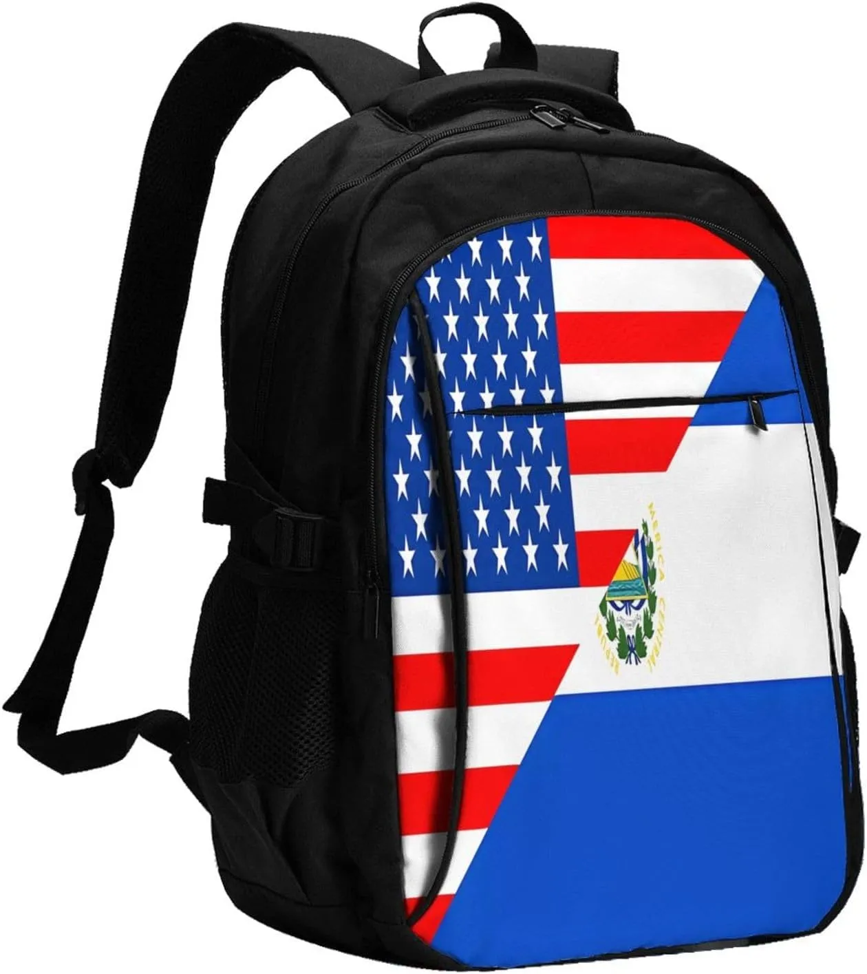 Half American El Salvador Flag Business Laptop Backpack Travel Backpacks Outdoor Rucksack Large Bag Daypack with USB Charging Port Multi-Pocket for Hiking Camping