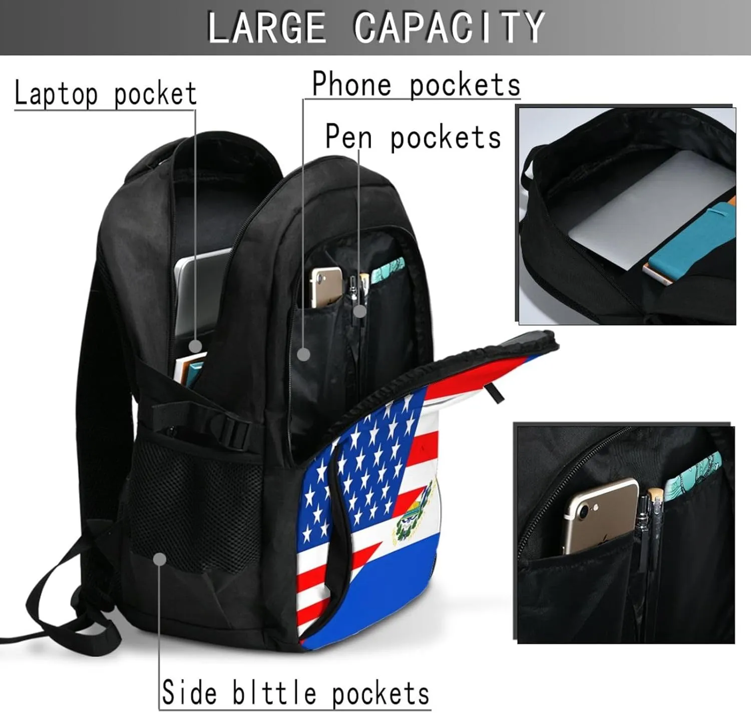 Half American El Salvador Flag Business Laptop Backpack Travel Backpacks Outdoor Rucksack Large Bag Daypack with USB Charging Port Multi-Pocket for Hiking Camping