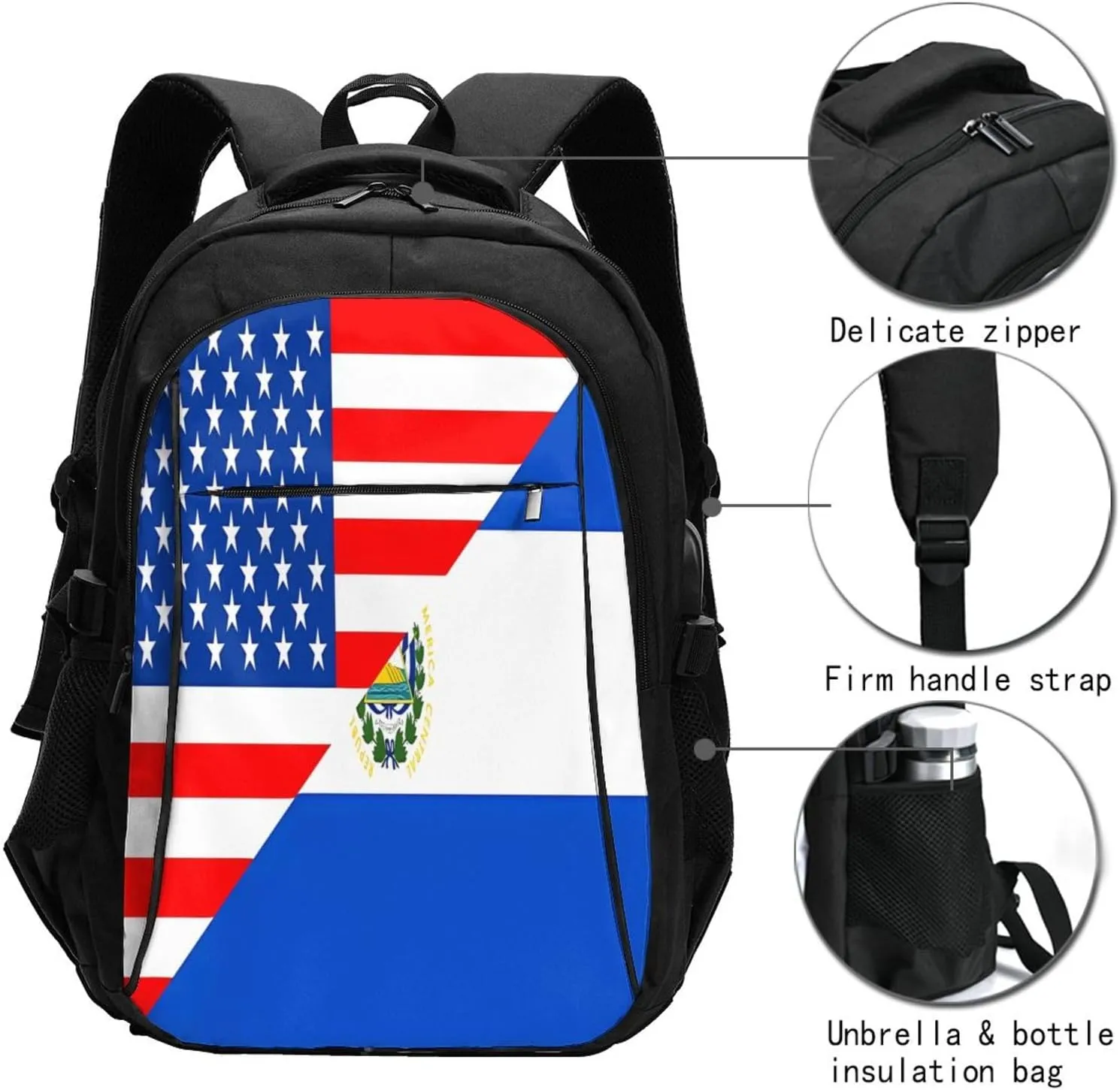 Half American El Salvador Flag Business Laptop Backpack Travel Backpacks Outdoor Rucksack Large Bag Daypack with USB Charging Port Multi-Pocket for Hiking Camping