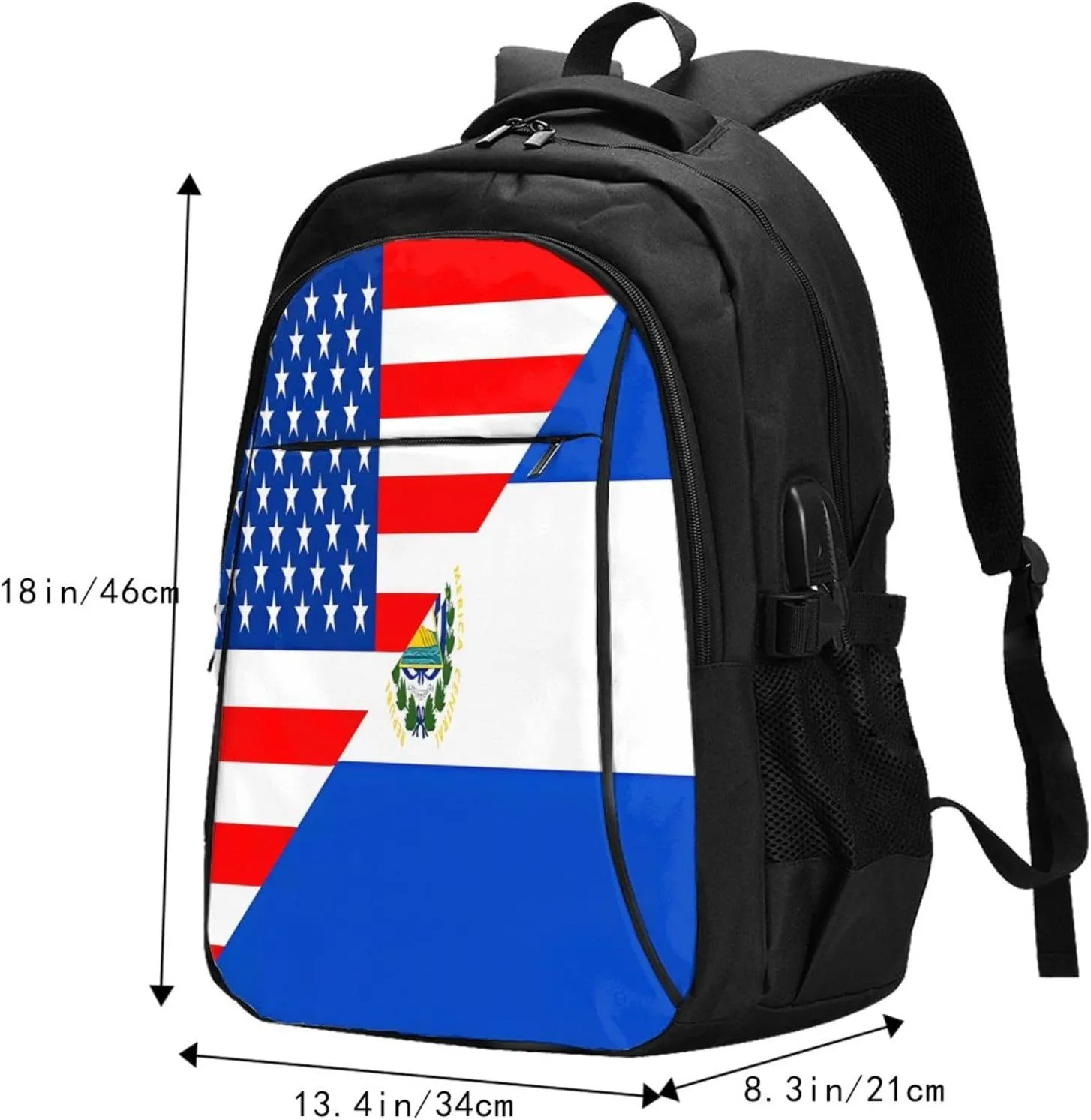 Half American El Salvador Flag Business Laptop Backpack Travel Backpacks Outdoor Rucksack Large Bag Daypack with USB Charging Port Multi-Pocket for Hiking Camping