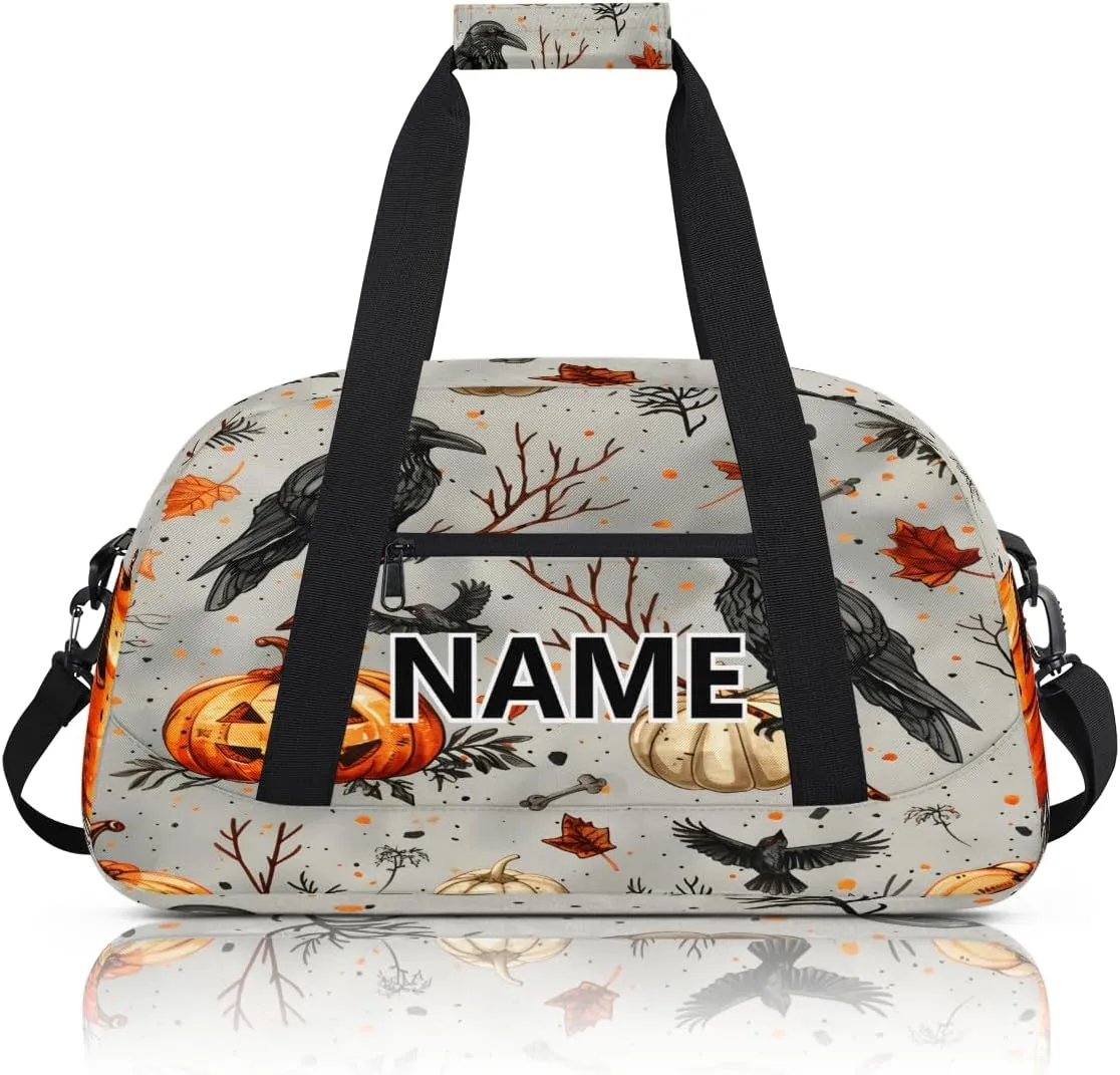Halloween Mini Gym Bag 18 inch for Women Men Waterproof Custom Pumpkin Crows Travel Duffel Bag Carry On Overnight Tote Nurse Bag for Work Fitness Hiking