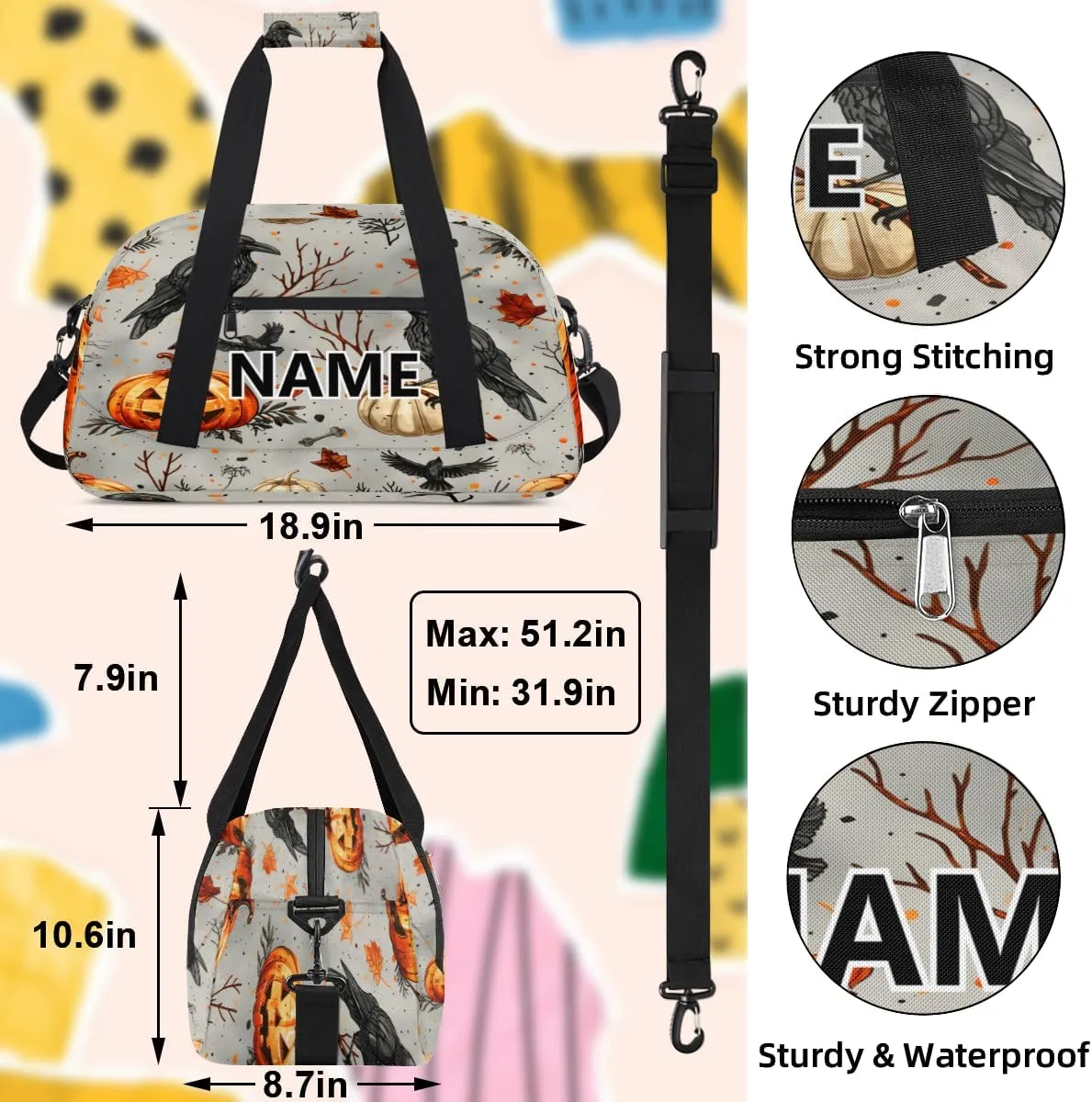 Halloween Mini Gym Bag 18 inch for Women Men Waterproof Custom Pumpkin Crows Travel Duffel Bag Carry On Overnight Tote Nurse Bag for Work Fitness Hiking