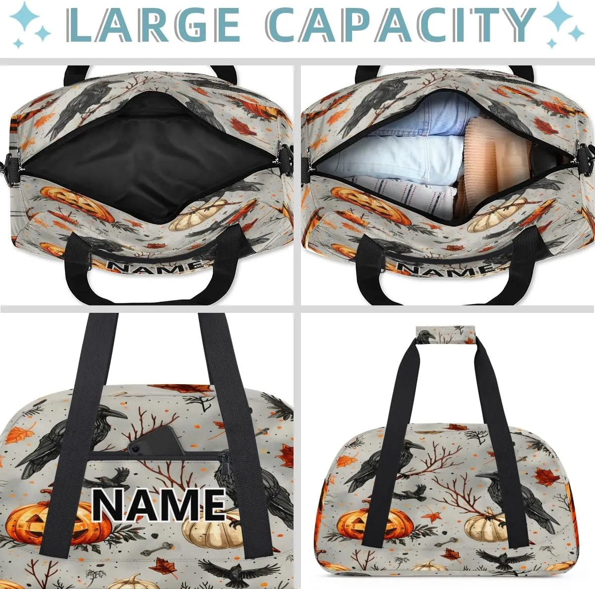 Halloween Mini Gym Bag 18 inch for Women Men Waterproof Custom Pumpkin Crows Travel Duffel Bag Carry On Overnight Tote Nurse Bag for Work Fitness Hiking
