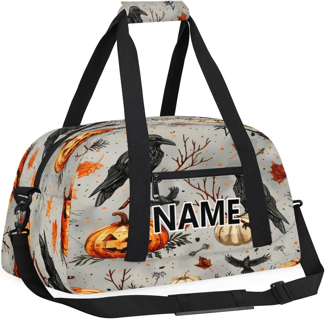 Halloween Mini Gym Bag 18 inch for Women Men Waterproof Custom Pumpkin Crows Travel Duffel Bag Carry On Overnight Tote Nurse Bag for Work Fitness Hiking