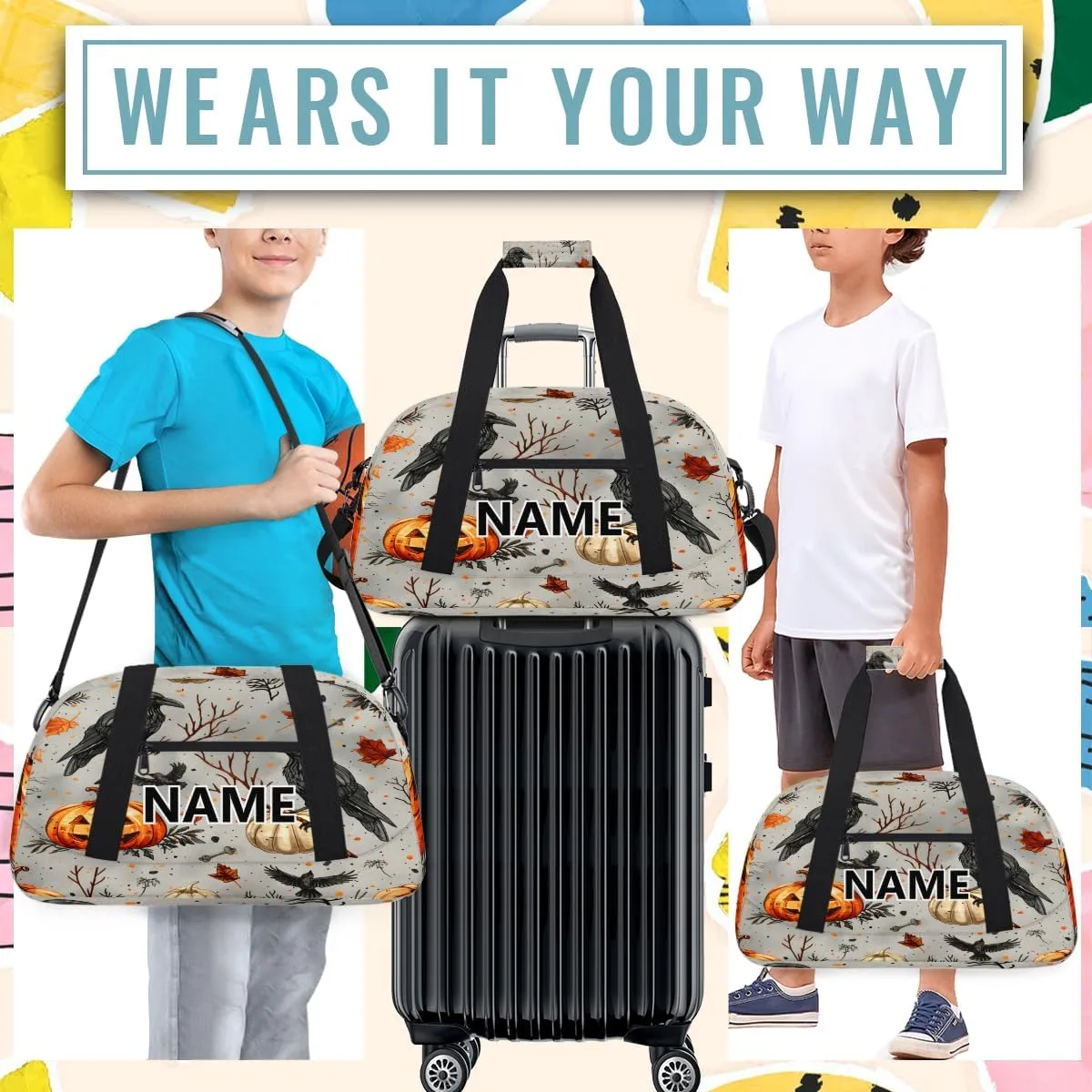 Halloween Mini Gym Bag 18 inch for Women Men Waterproof Custom Pumpkin Crows Travel Duffel Bag Carry On Overnight Tote Nurse Bag for Work Fitness Hiking