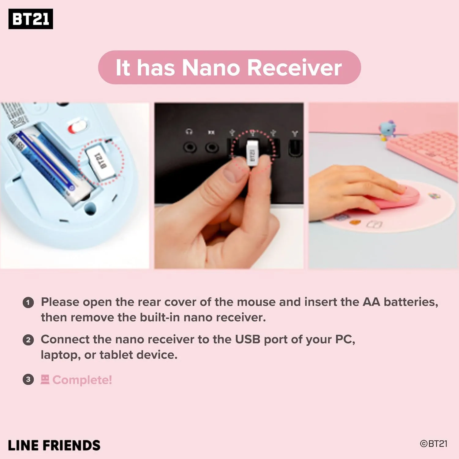 Hamee BT21 My Little Buddy Series Mouse [Computer Mouse Wireless Cute] [Silent Nano Receiver Mouse Office Birthday] [BT21 Mouse] for Laptop, iPad, MacOS, PC, Windows, Android - TATA