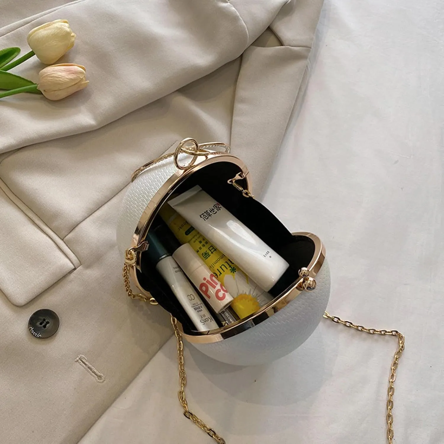 Handbag Spherical Small Round Bag Women's Shoulder Bag Laser Shining Fashion Dinner Bag Handheld Chain Clip Women's Bag