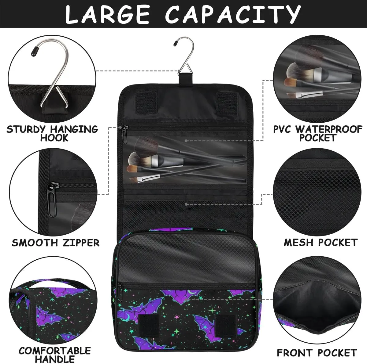 Hanging Toiletry Bag Gothic Bat Halloween Women Travel Makeup Bag Organizer Toiletries Bag for Travel Size Essentials Accessories Cosmetics
