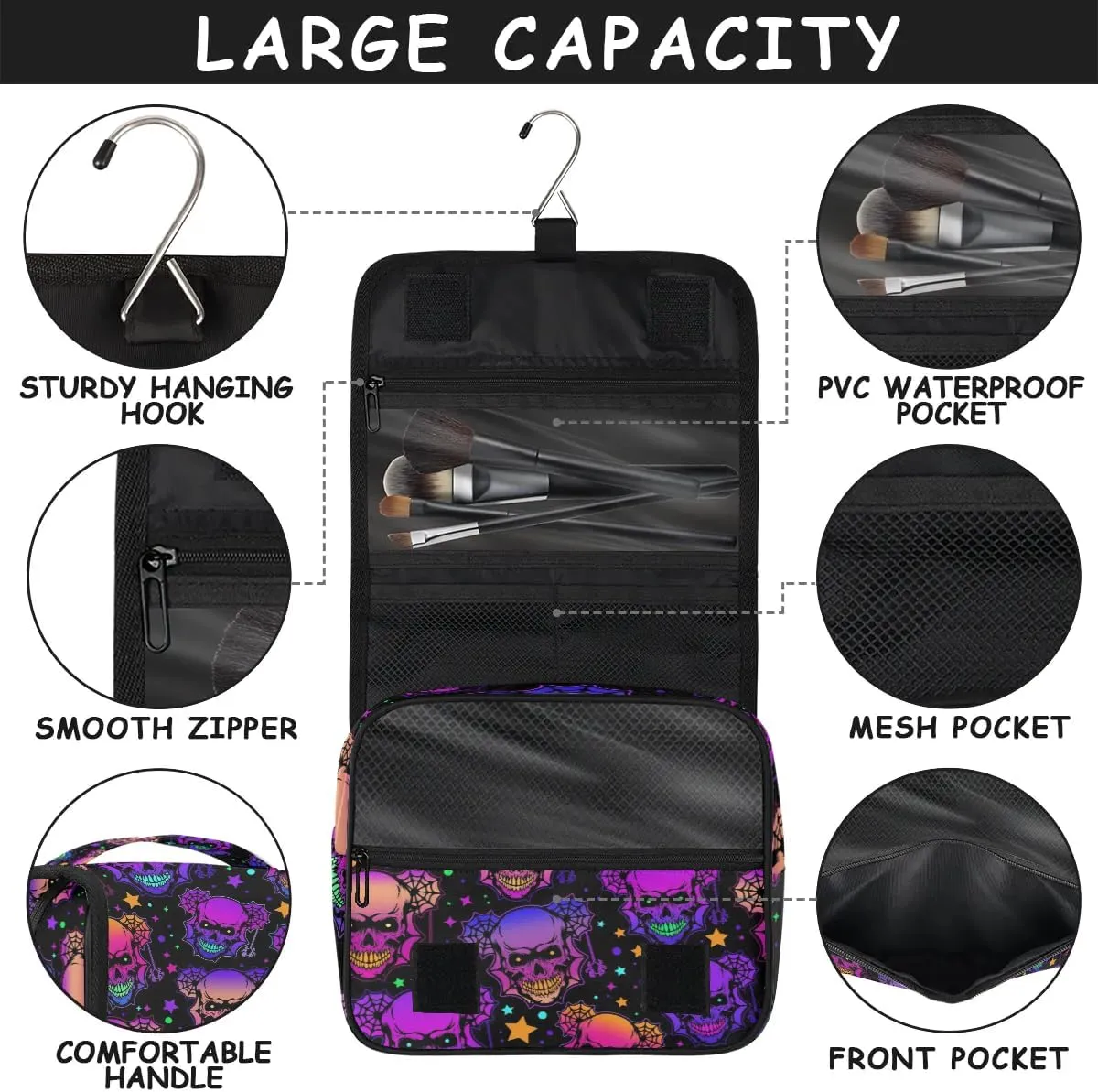 Hanging Toiletry Bag Halloween Skeleton Women Travel Makeup Bag Organizer Toiletries Bag for Travel Size Essentials Accessories Cosmetics