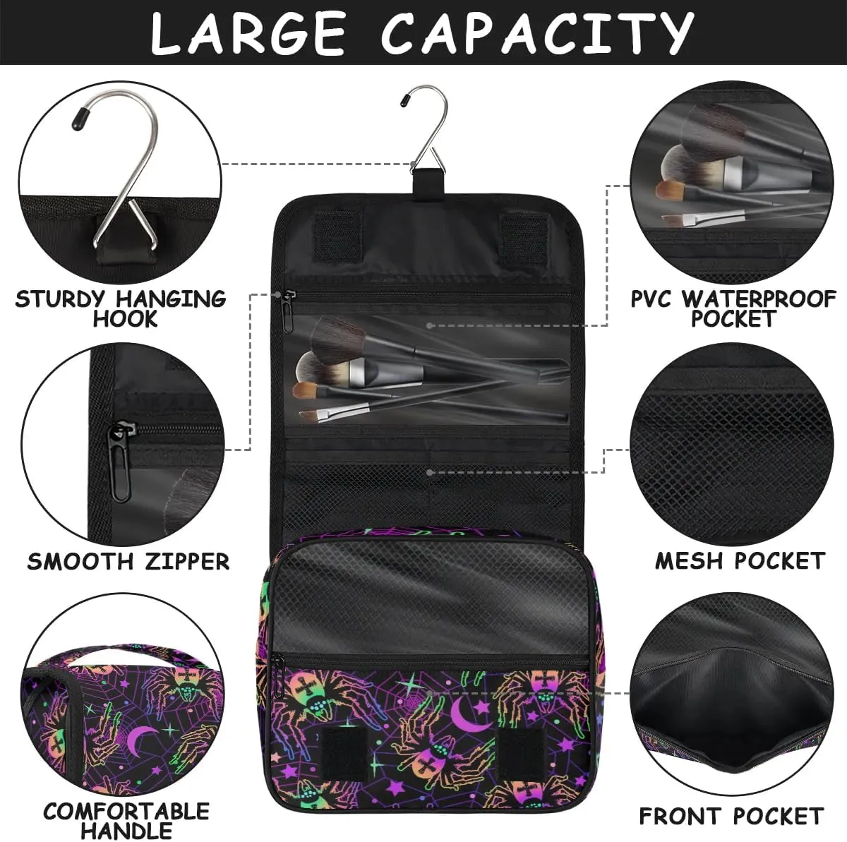 Hanging Toiletry Bag Halloween Spider Women Travel Makeup Bag Organizer Toiletries Bag for Travel Size Essentials Accessories Cosmetics