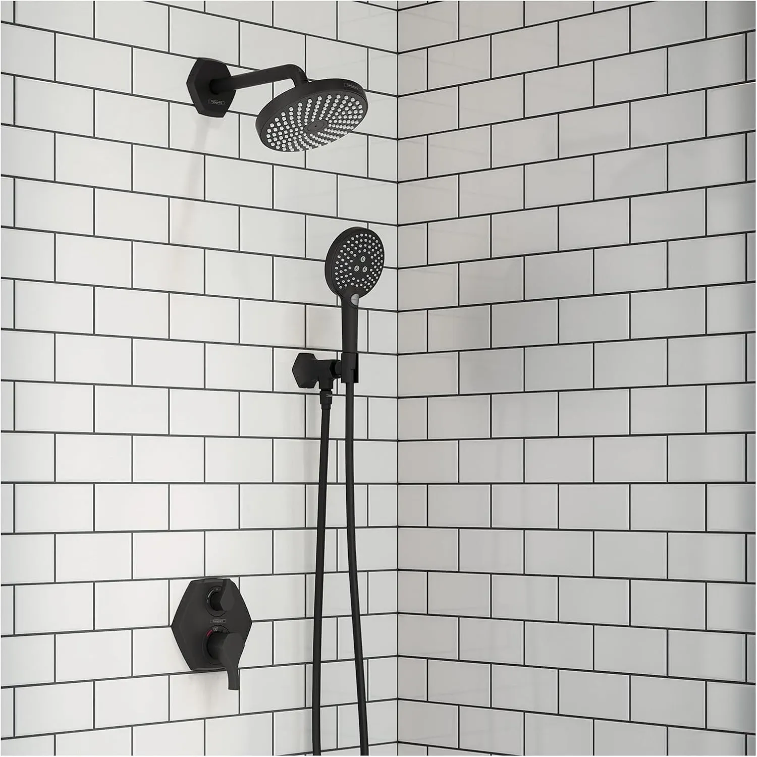 hansgrohe Locarno Transitional 2-Handle 7-inch Wide Thermostatic Shower Trim for Rough-in Valve with Diverter in Matte Black, 04820670