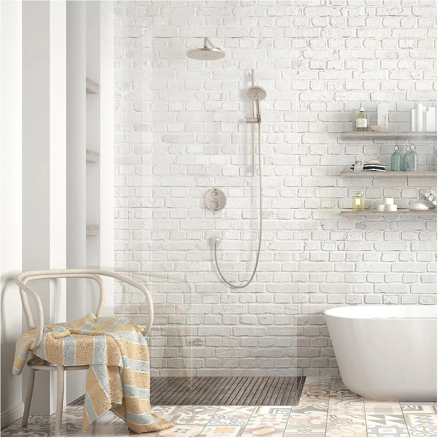 hansgrohe Raindance S Complete Shower System Shower Set 3-Spray PowderRain, Rain, and Massage Volume and Auto Temperature Control in Brushed Nickel, Rough and Shower Valve Included 2.5 GPM, 04915820