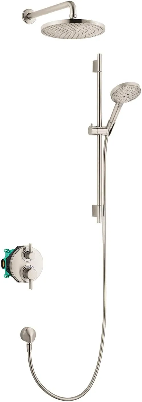 hansgrohe Raindance S Complete Shower System Shower Set 3-Spray PowderRain, Rain, and Massage Volume and Auto Temperature Control in Brushed Nickel, Rough and Shower Valve Included 2.5 GPM, 04915820