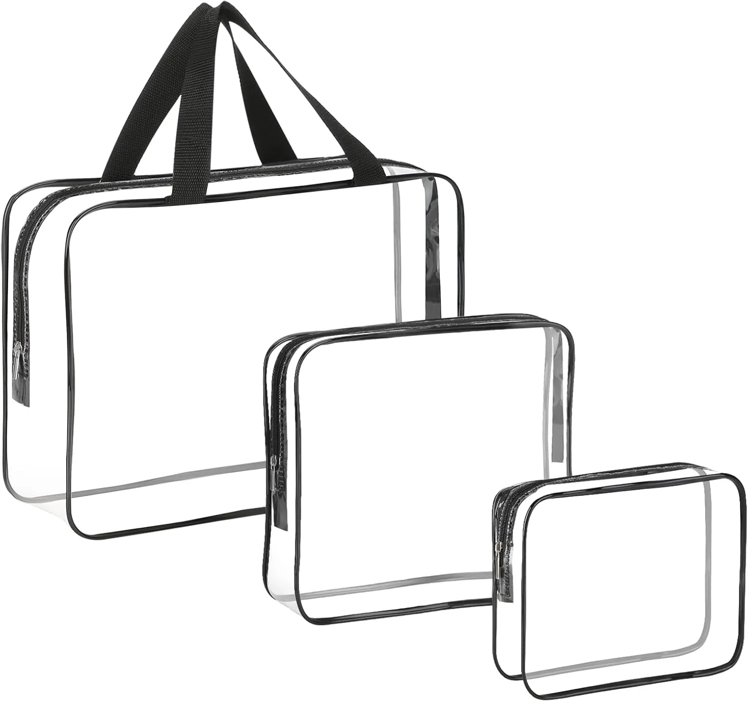 HAOGUAGUA 3 Pieces Large Clear Travel Bags for Toiletries, Waterproof Clear Plastic Cosmetic Makeup Bags, Transparent Packing Organizer Storage Bags (Black)