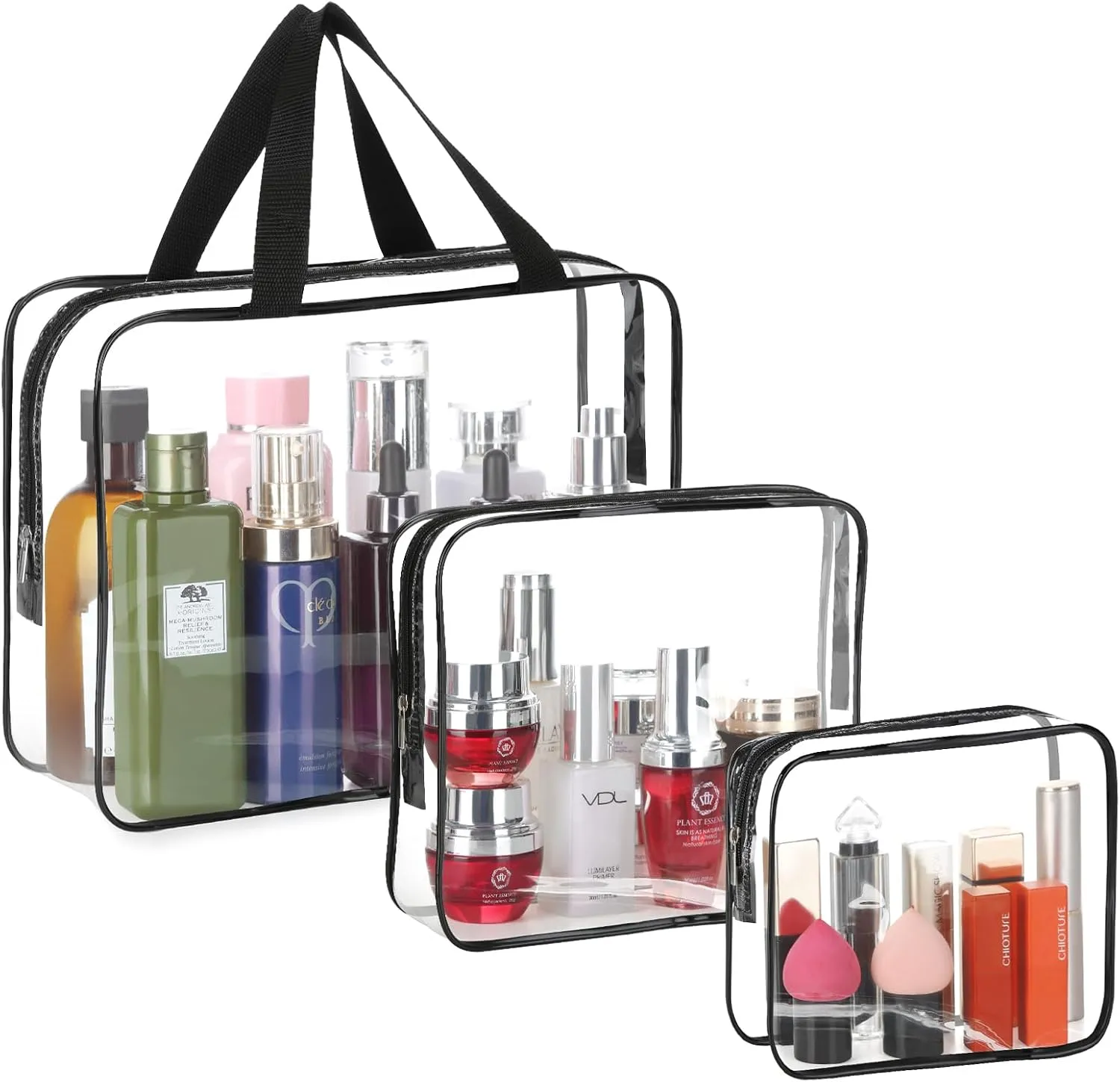 HAOGUAGUA 3 Pieces Large Clear Travel Bags for Toiletries, Waterproof Clear Plastic Cosmetic Makeup Bags, Transparent Packing Organizer Storage Bags (Black)