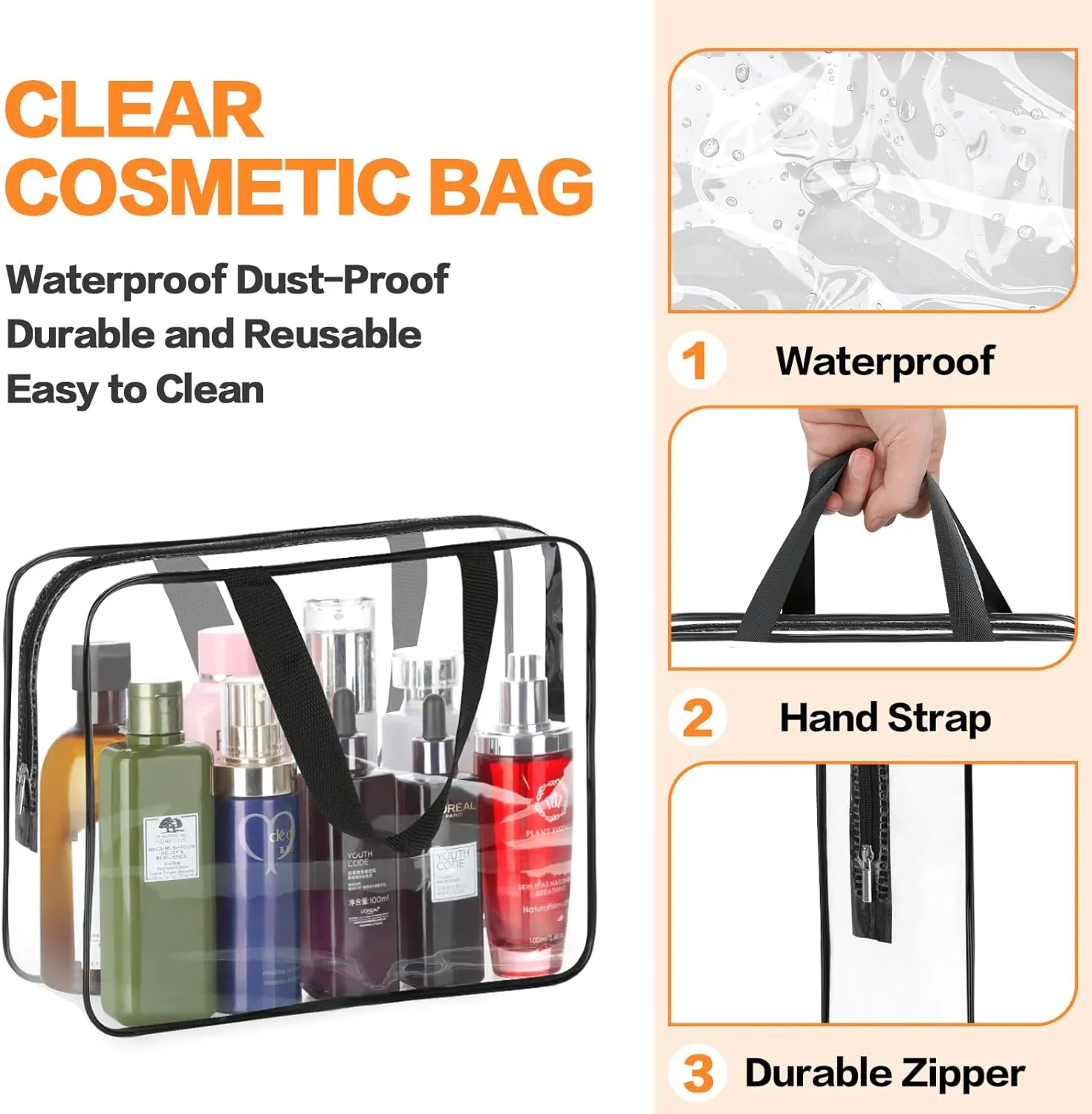 HAOGUAGUA 3 Pieces Large Clear Travel Bags for Toiletries, Waterproof Clear Plastic Cosmetic Makeup Bags, Transparent Packing Organizer Storage Bags (Black)