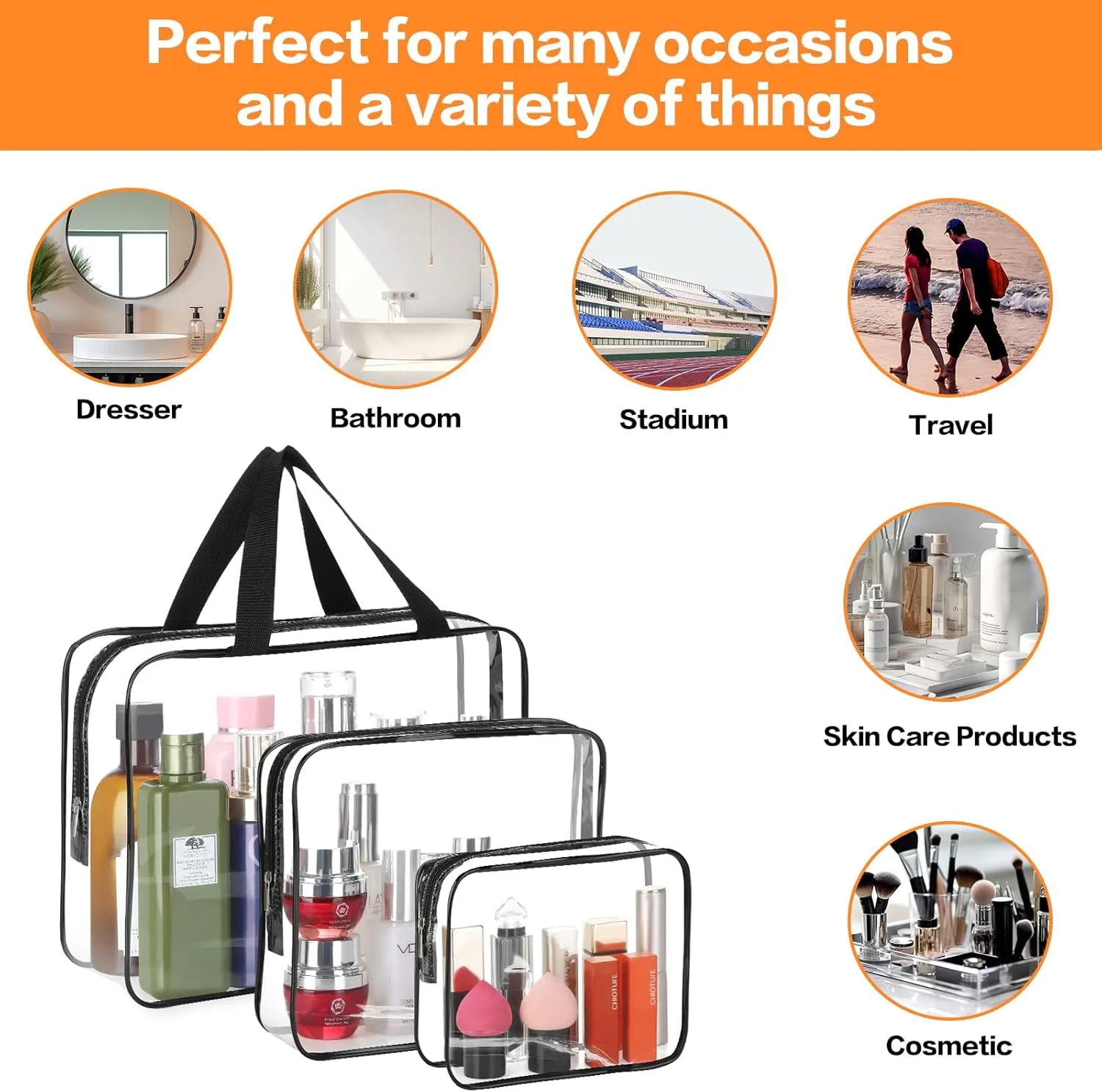 HAOGUAGUA 3 Pieces Large Clear Travel Bags for Toiletries, Waterproof Clear Plastic Cosmetic Makeup Bags, Transparent Packing Organizer Storage Bags (Black)