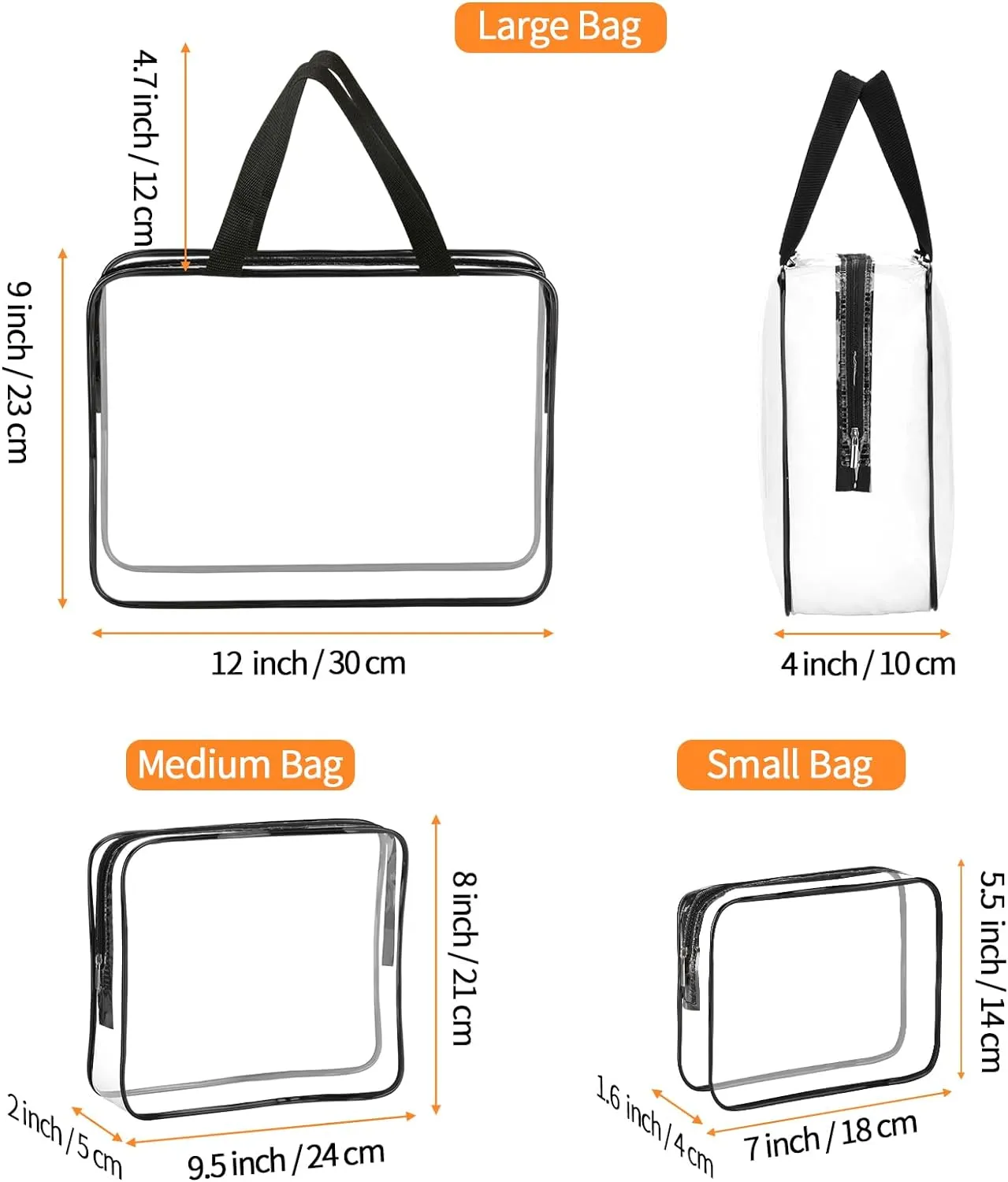 HAOGUAGUA 3 Pieces Large Clear Travel Bags for Toiletries, Waterproof Clear Plastic Cosmetic Makeup Bags, Transparent Packing Organizer Storage Bags (Black)