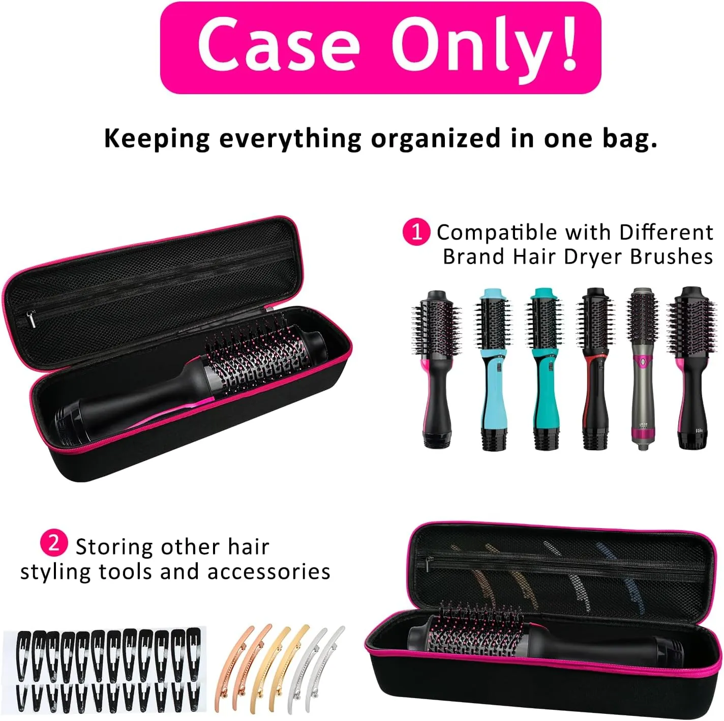 Hard Carrying Case for Revlon Hair Dryer Brush Original 1.0/Plus 2.0,Portable Travel Storage Bag Compatibility with All Brand Hot Tools Volumizer Hot Air Brush (Rose Red)