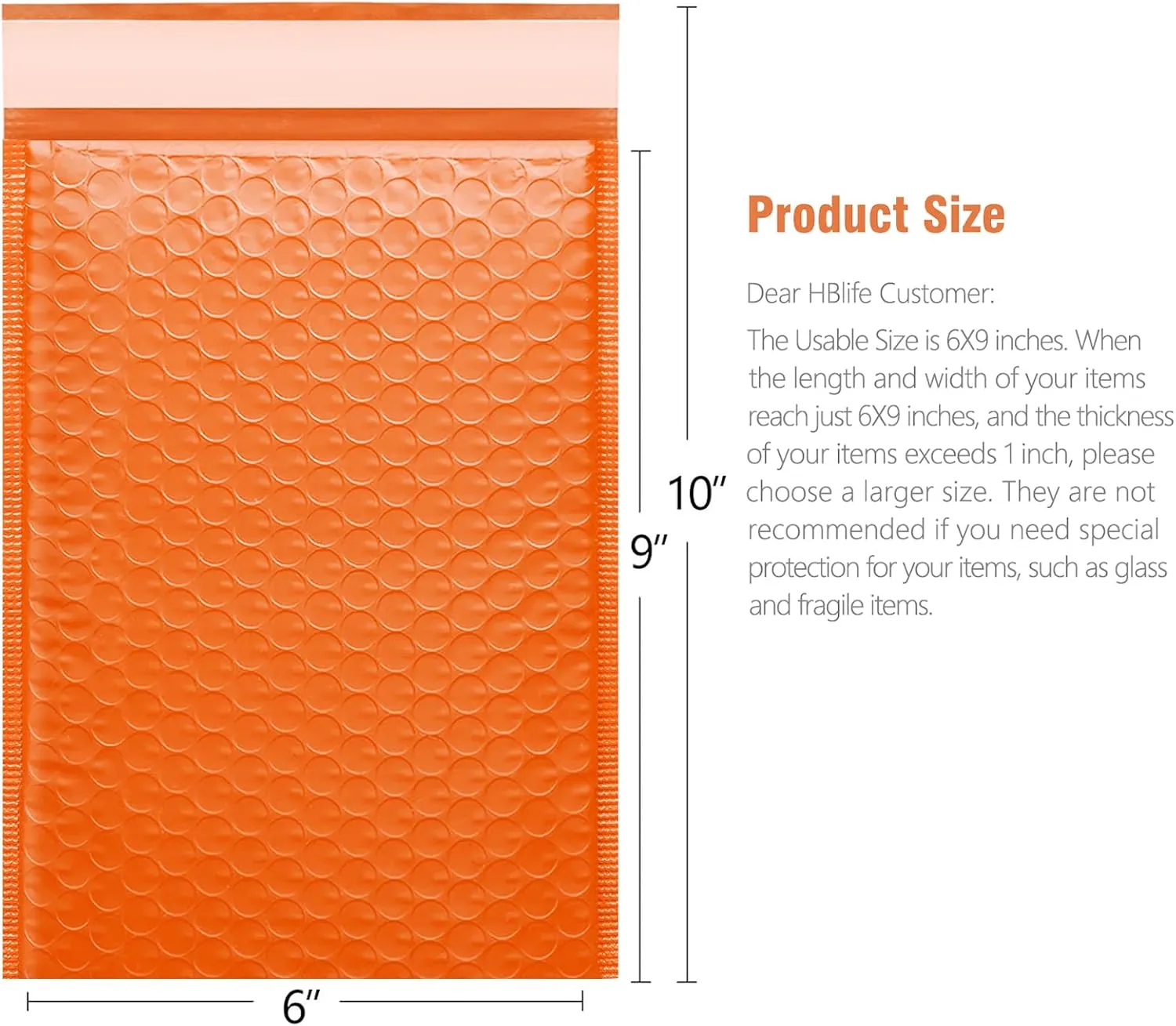 HBlife 50Pcs Bubble Mailers, 6x10 Inches Self Seal Orange Poly Mailers, Padded Envelopes Shipping Bags Packaging for Small Business