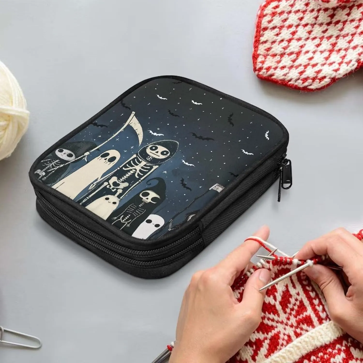 Hechitok Ghost Skeleton Empty Crochet Hook Case Portable Travel Crochet Storage Bag Organizer Zipper Bags with Web Pocket and Crochet Holder Slots for Crochet Knitting Accessories