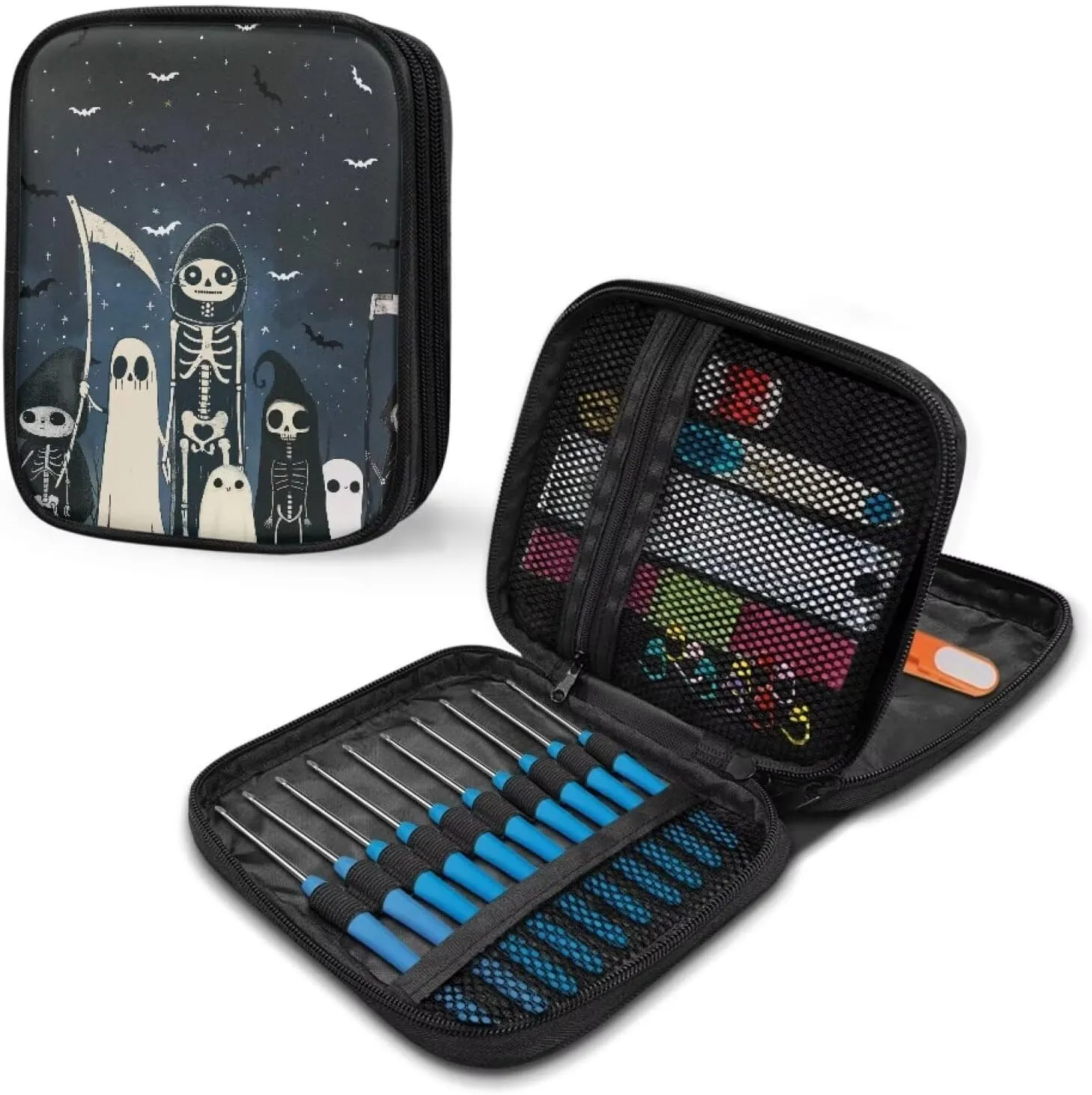 Hechitok Ghost Skeleton Empty Crochet Hook Case Portable Travel Crochet Storage Bag Organizer Zipper Bags with Web Pocket and Crochet Holder Slots for Crochet Knitting Accessories