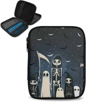 Hechitok Ghost Skeleton Empty Crochet Hook Case Portable Travel Crochet Storage Bag Organizer Zipper Bags with Web Pocket and Crochet Holder Slots for Crochet Knitting Accessories