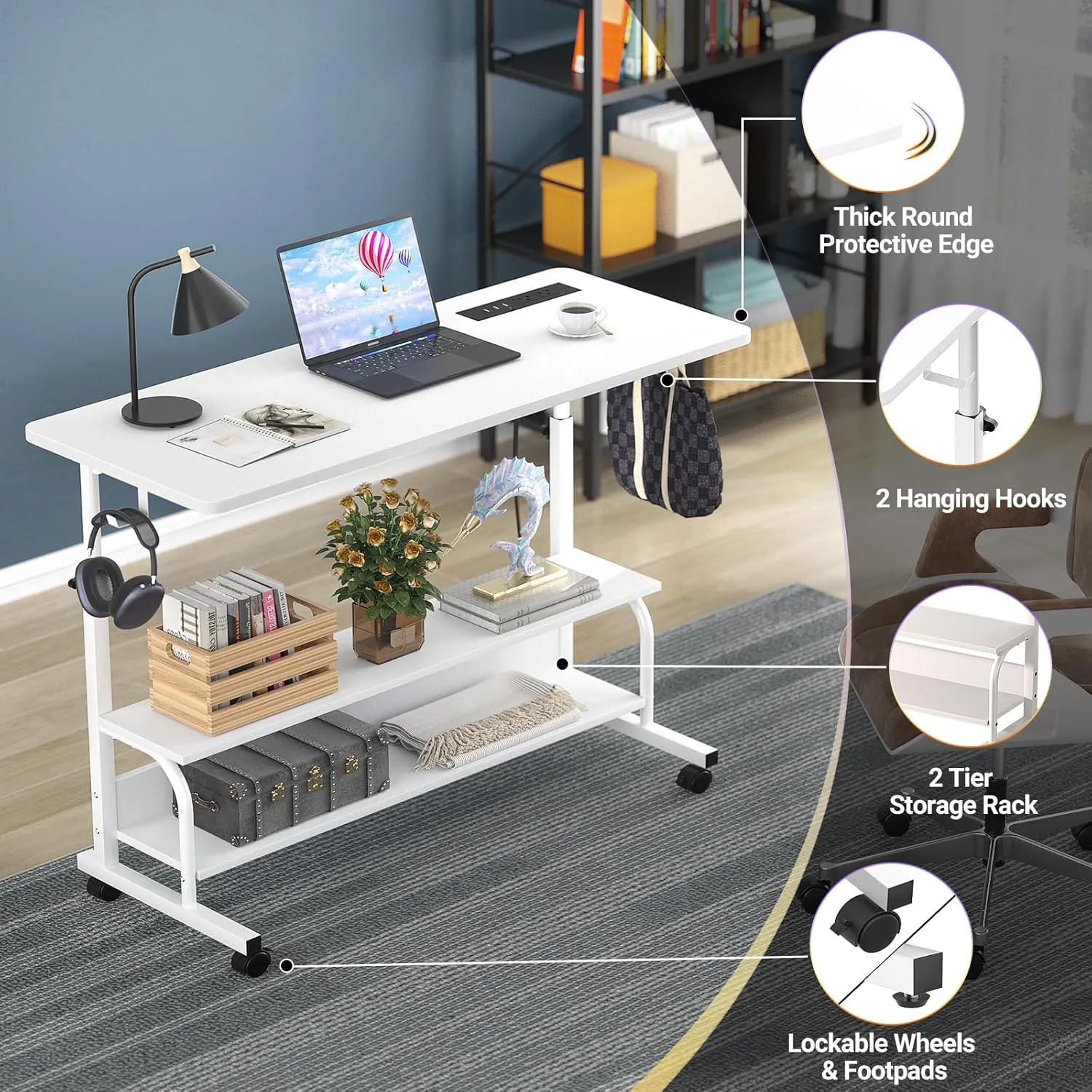Height Adjustable Standing Desk with Power Outlets, 39" Manual Stand Up Desk with Storage Shelves Small Mobile Rolling Computer Desk Portable Laptop Table with Wheels for Home Office, White