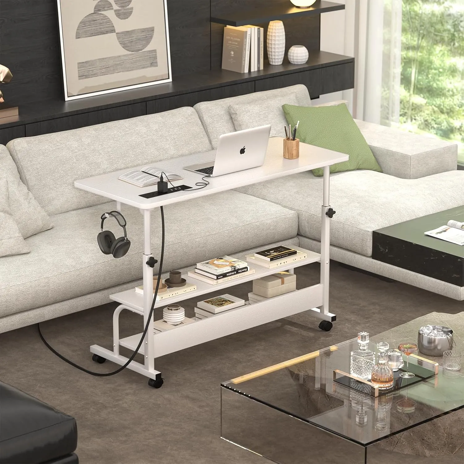 Height Adjustable Standing Desk with Power Outlets, 39" Manual Stand Up Desk with Storage Shelves Small Mobile Rolling Computer Desk Portable Laptop Table with Wheels for Home Office, White