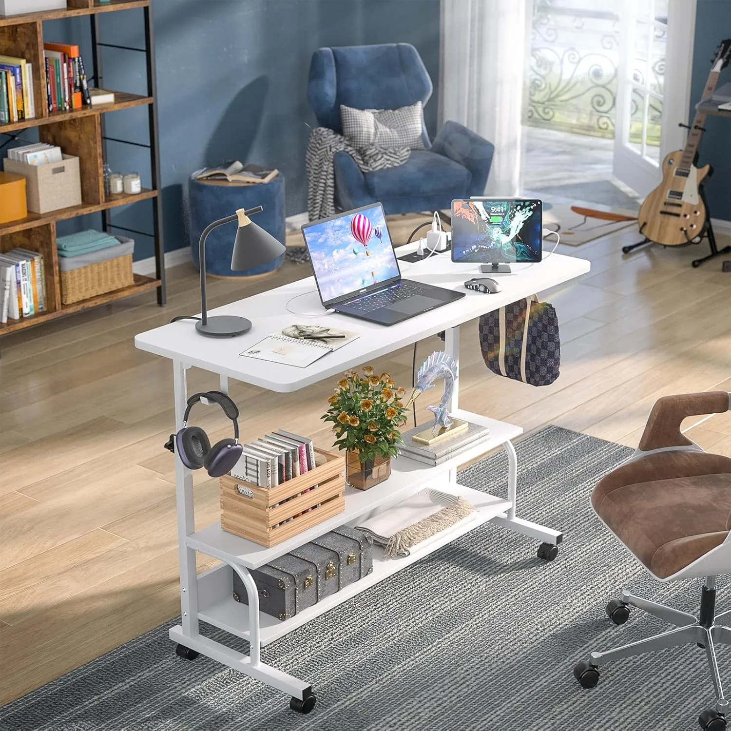 Height Adjustable Standing Desk with Power Outlets, 39" Manual Stand Up Desk with Storage Shelves Small Mobile Rolling Computer Desk Portable Laptop Table with Wheels for Home Office, White