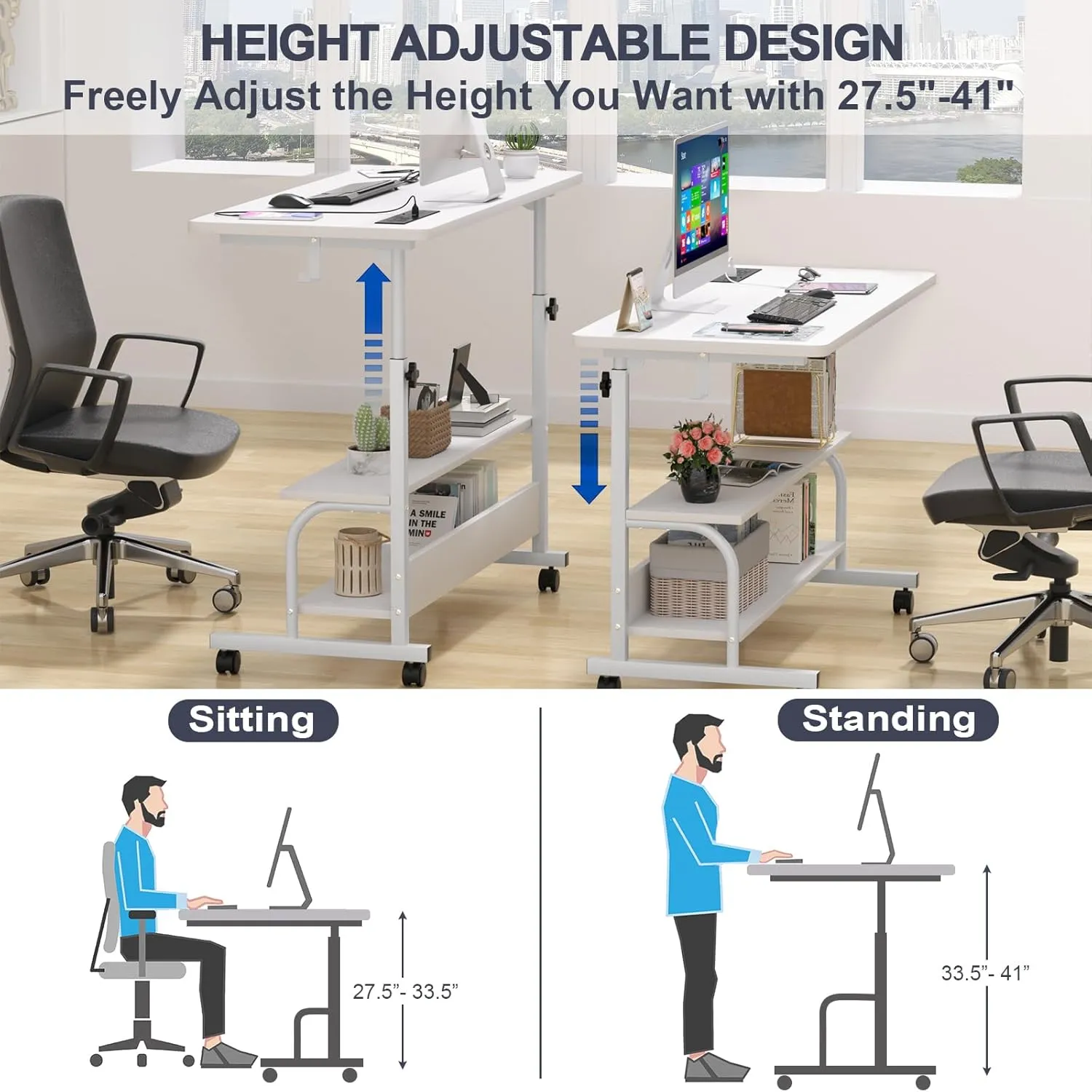Height Adjustable Standing Desk with Power Outlets, 39" Manual Stand Up Desk with Storage Shelves Small Mobile Rolling Computer Desk Portable Laptop Table with Wheels for Home Office, White