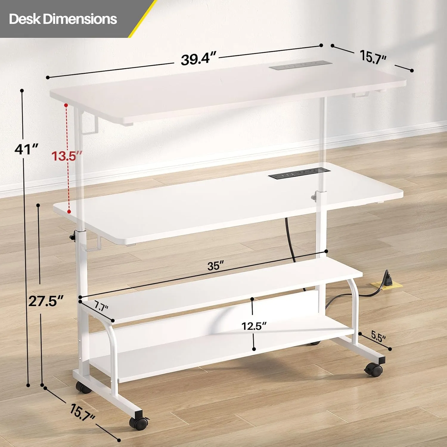 Height Adjustable Standing Desk with Power Outlets, 39" Manual Stand Up Desk with Storage Shelves Small Mobile Rolling Computer Desk Portable Laptop Table with Wheels for Home Office, White