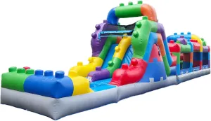 Herokiddo Block Party 42’ Inflatable Obstacle Course with Water Slide – Commercial Grade PVC, Ultimate Backyard Challenge for Kids and Adults, Wet & Dry Play (Blowers Included)