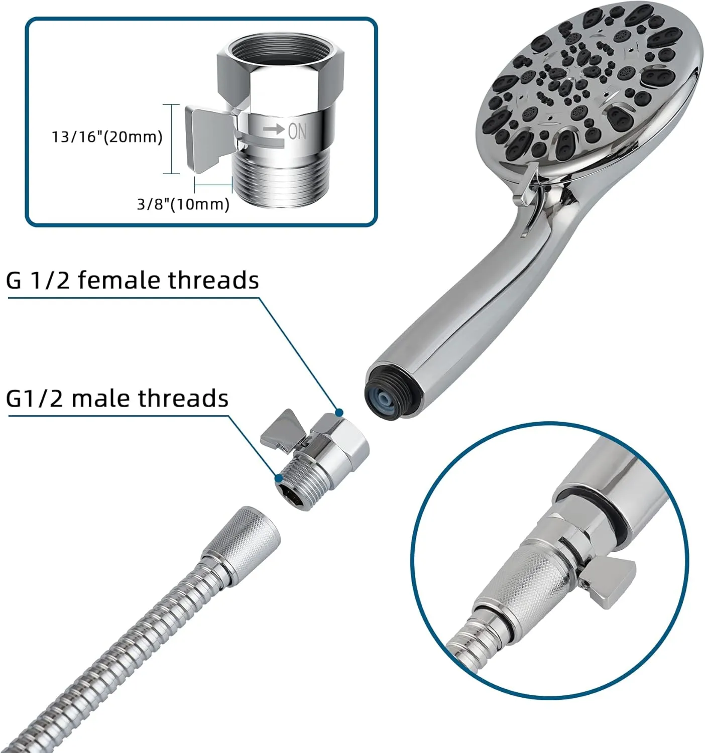 Hibbent All Metal 2 Pack Shower Head Flow Control Valve, G1/2 Brass Shut-off Valve with Metal Handle Lever, Shut OFF Water Flow Control Regulator for Handheld Shower, or Bidet Sprayer, Chorme