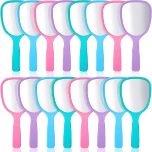 Hicarer 16 Pcs Hand Handheld Mirror with Handle Plastic Travel Makeup Handheld Cosmetic Mirror for Travel, 3.15 Inch Wide, 7.09 Inch Long (Blue,Green,Pink,Purple)