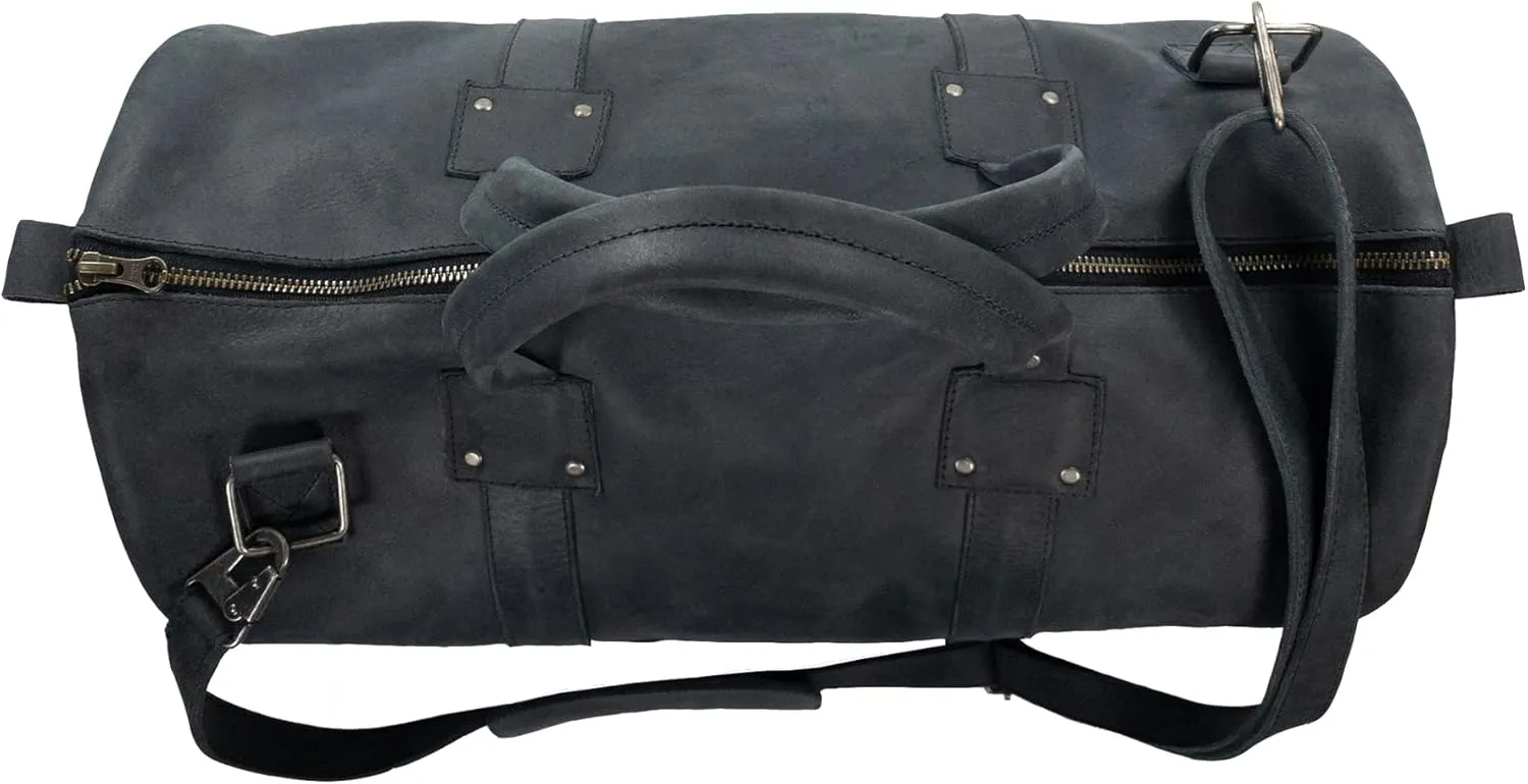 Hide & Drink, Luggage Duffle Bag with Detachable Shoulder Strap, Inner Keyring Holder, Messenger Bag, Travel Bag, Full Grain Leather, Handmade, Charcoal Black