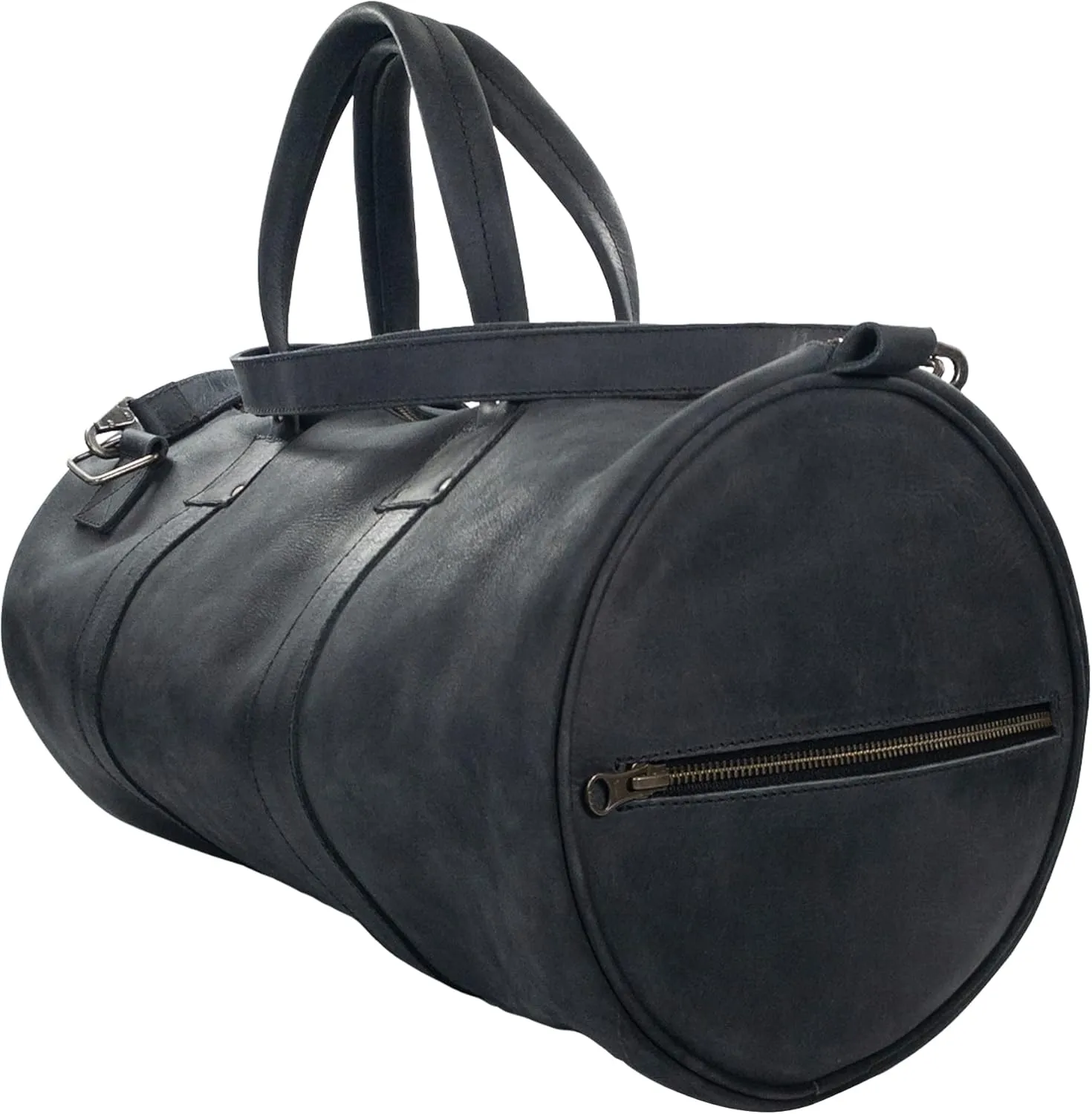 Hide & Drink, Luggage Duffle Bag with Detachable Shoulder Strap, Inner Keyring Holder, Messenger Bag, Travel Bag, Full Grain Leather, Handmade, Charcoal Black