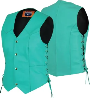 HL14501TEAL Women's Teal color side laced Leather Vest with utility Pocket for clubs, White